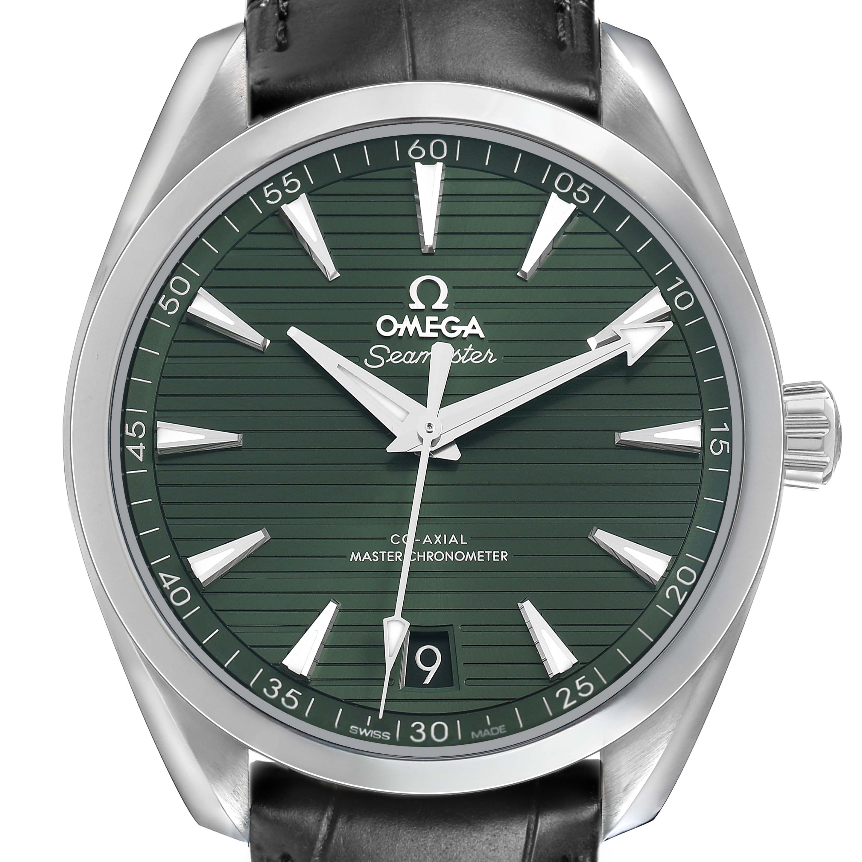 The Omega Aqua Terra 220.13.41.21.10.001 Men's Stainless Steel Green Dial watch is shown from the front, displaying its green dial, hour markers, hands, bezel, and crown.