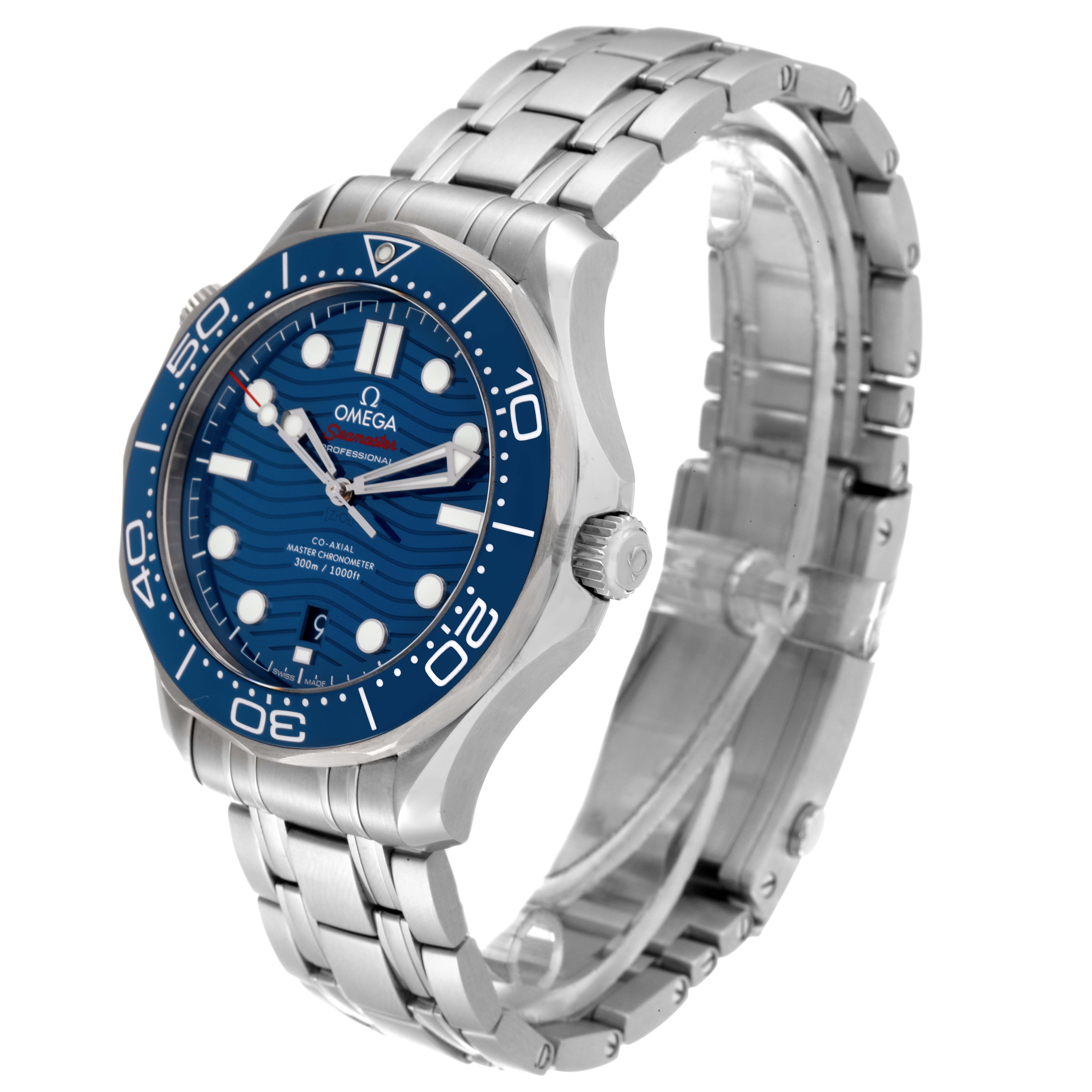 The Omega Seamaster 210.30.42.20.03.001 Men's Stainless Steel Blue Dial 210.30.42.20.03.001 Men's Stainless Steel Blue Dial watch is displayed at a three-quarter angle, showcasing its blue dial and stainless steel bracelet.