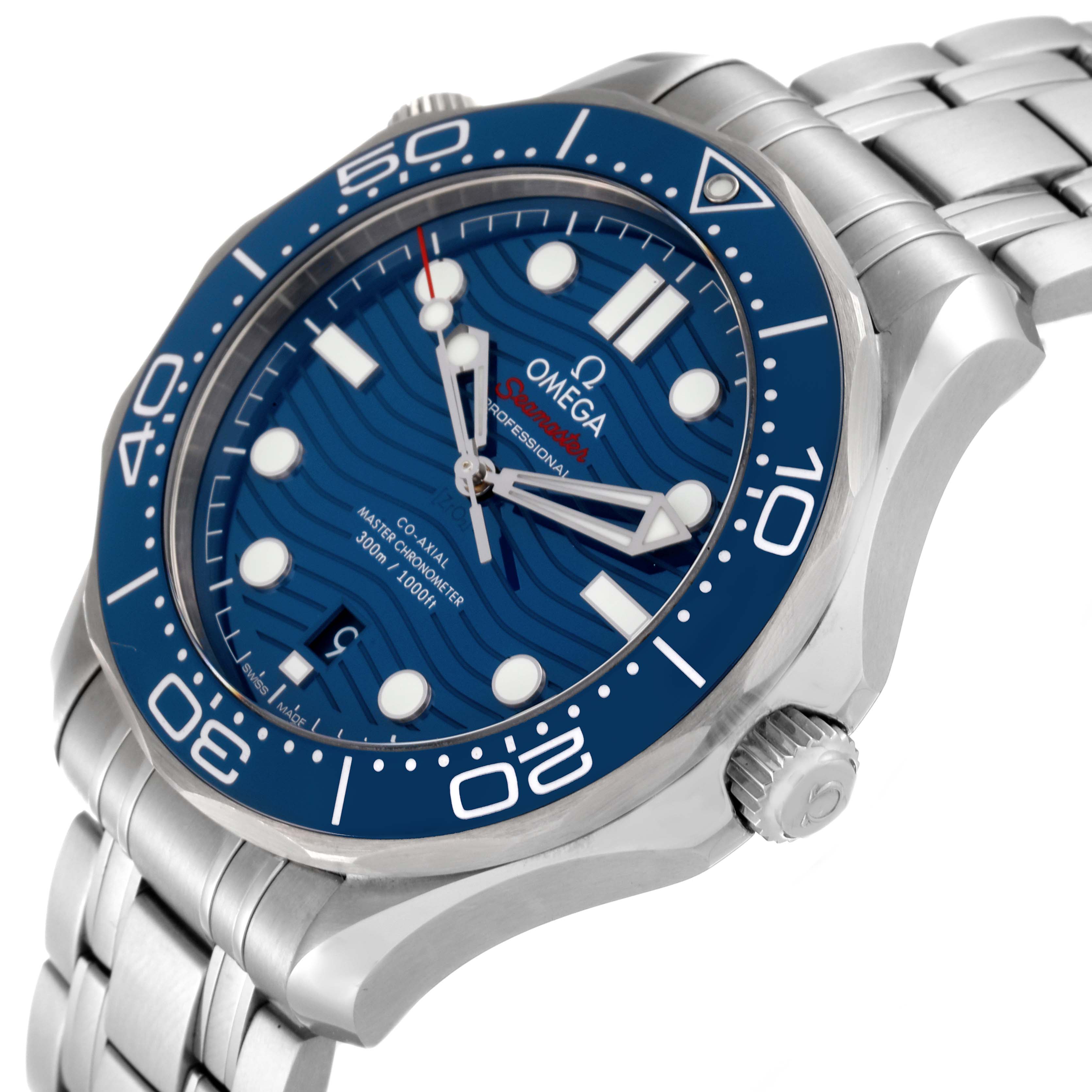 The image shows an Omega Seamaster 210.30.42.20.03.001 Men's Stainless Steel Blue Dial 210.30.42.20.03.001 Men's Stainless Steel Blue Dial watch angled to display its blue dial, bezel, crown, and stainless steel bracelet.