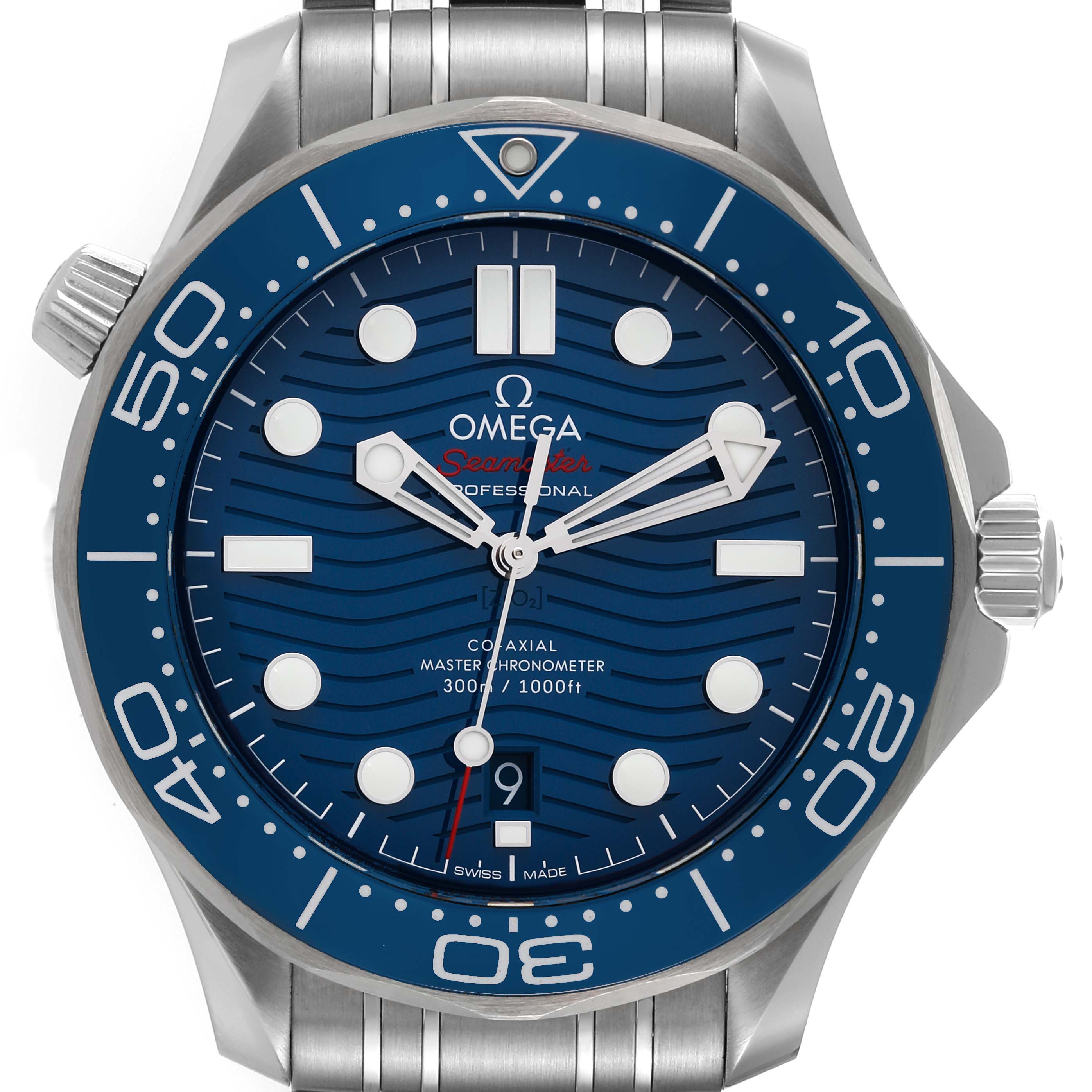 The image shows a front view of the Omega Seamaster 210.30.42.20.03.001 Men's Stainless Steel Blue Dial 210.30.42.20.03.001 Men's Stainless Steel Blue Dial watch, highlighting the blue dial and bezel, steel bracelet, and crown.