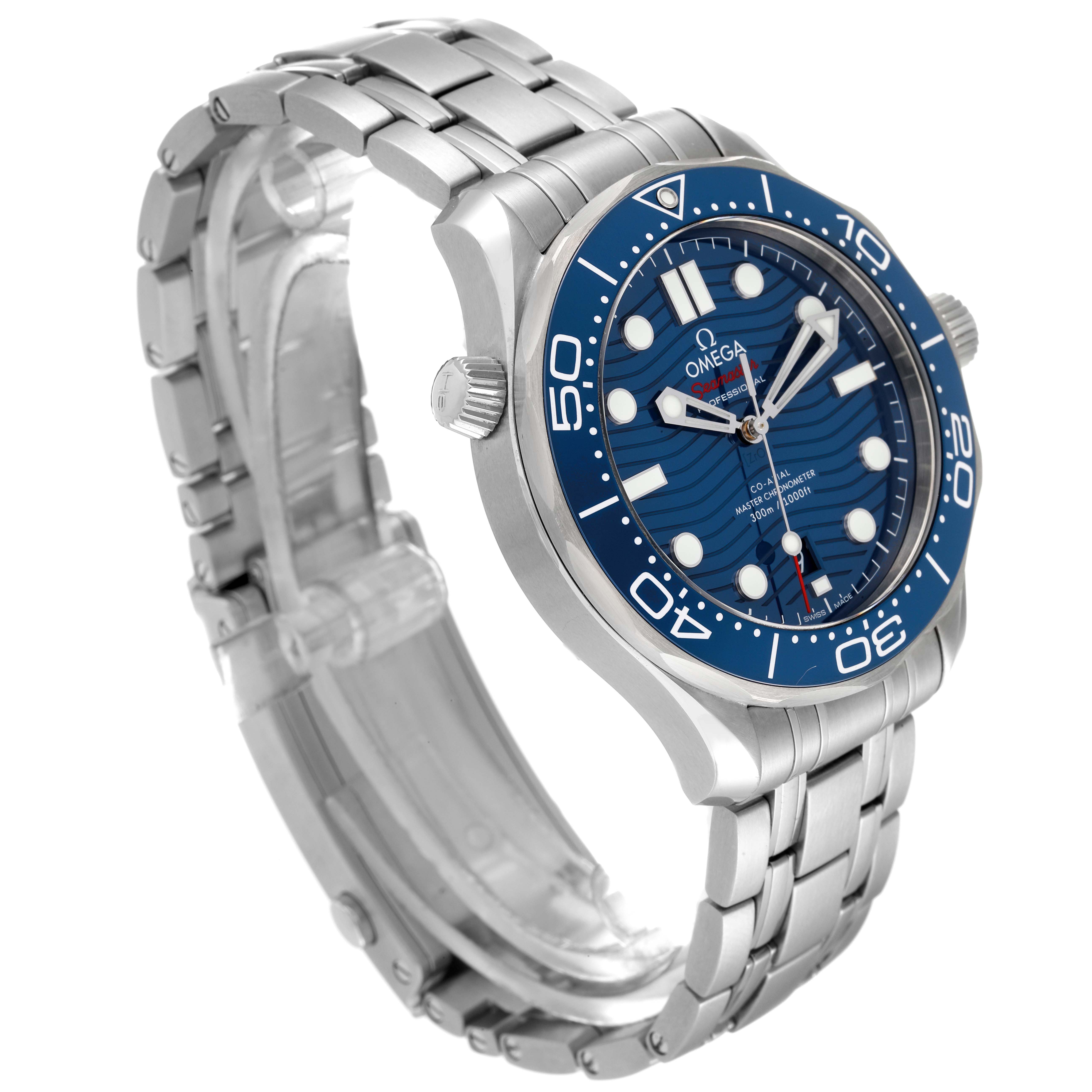 The image shows an Omega Seamaster 210.30.42.20.03.001 Men's Stainless Steel Blue Dial 210.30.42.20.03.001 Men's Stainless Steel Blue Dial watch at a three-quarter angle, highlighting the face, bezel, crown, and bracelet.