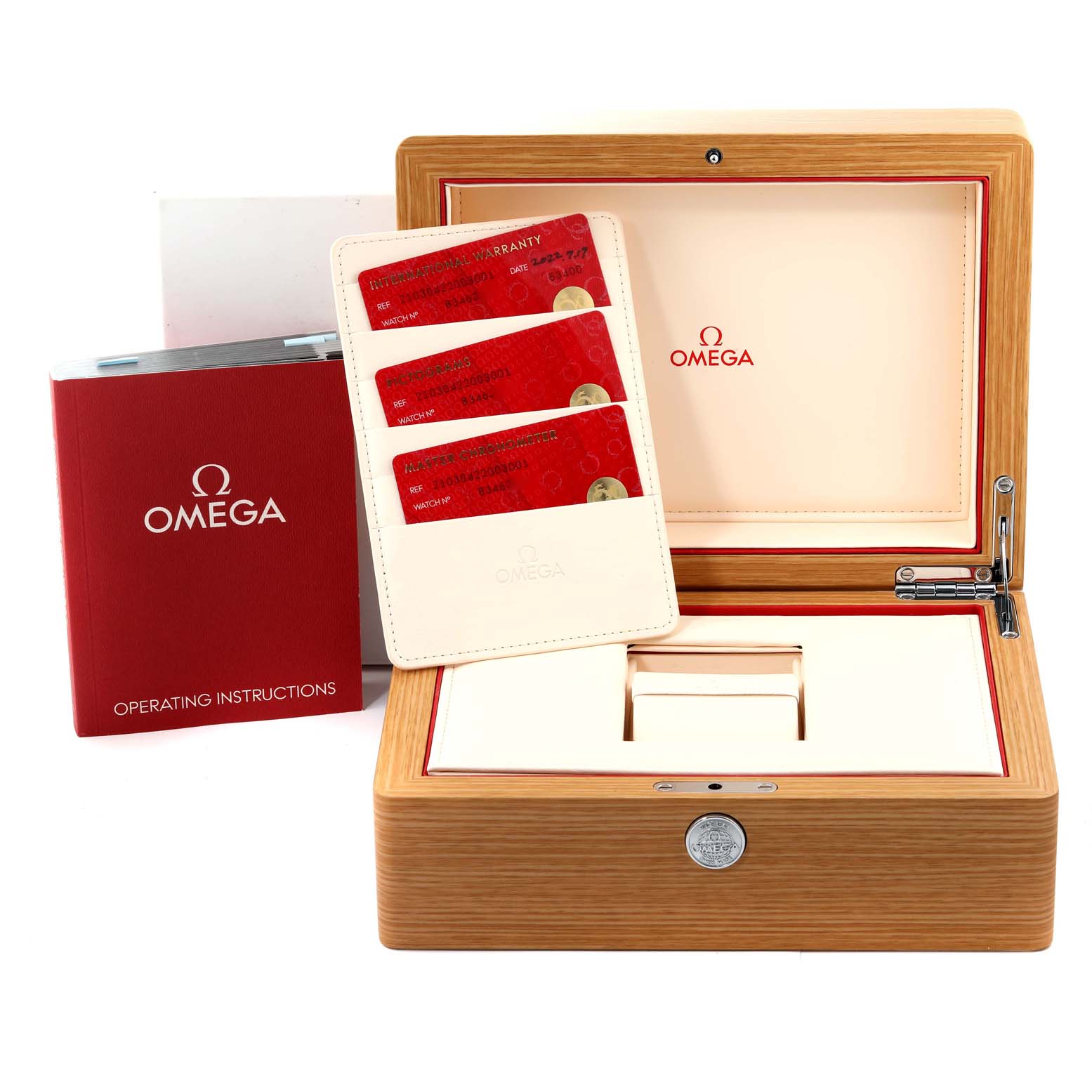 The image shows an Omega Seamaster 210.30.42.20.03.001 Men's Stainless Steel Blue Dial 210.30.42.20.03.001 Men's Stainless Steel Blue Dial watch box, operating instructions, and warranty cards, viewed from a front angle.