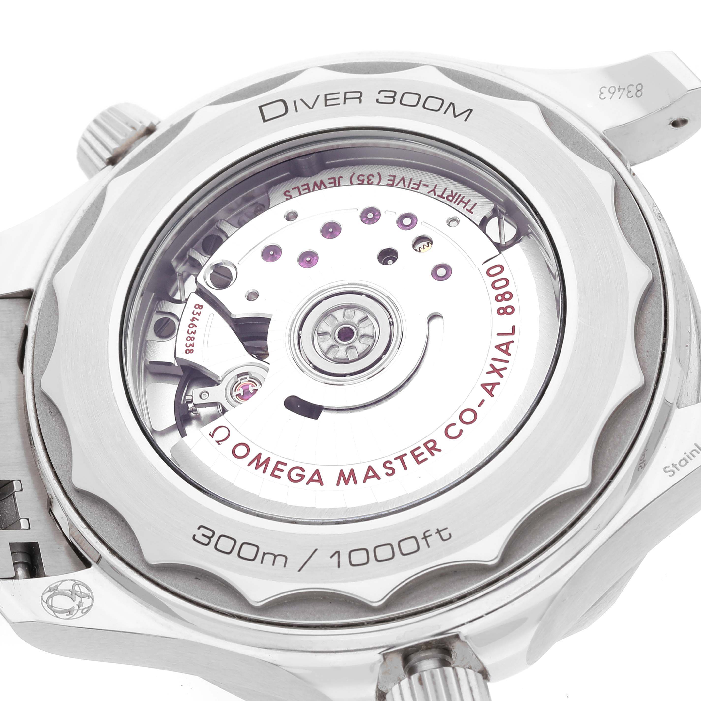 This image shows the back case of the Omega Seamaster 210.30.42.20.03.001 Men's Stainless Steel Blue Dial 210.30.42.20.03.001 Men's Stainless Steel Blue Dial watch, displaying its Co-Axial movement mechanism.