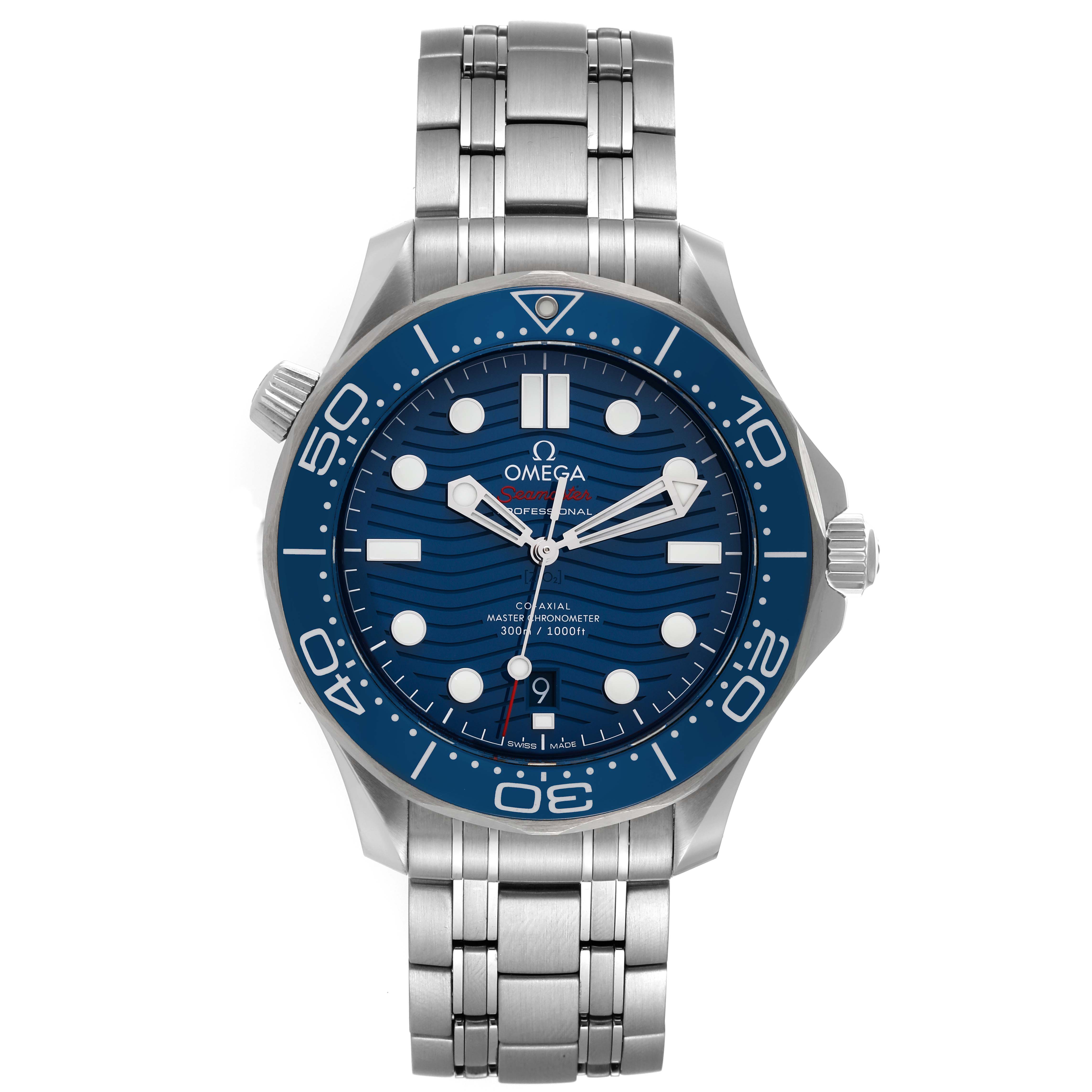 The Omega Seamaster 210.30.42.20.03.001 Men's Stainless Steel Blue Dial 210.30.42.20.03.001 Men's Stainless Steel Blue Dial watch is shown from a front angle, featuring the dial, bezel, crown, and bracelet.