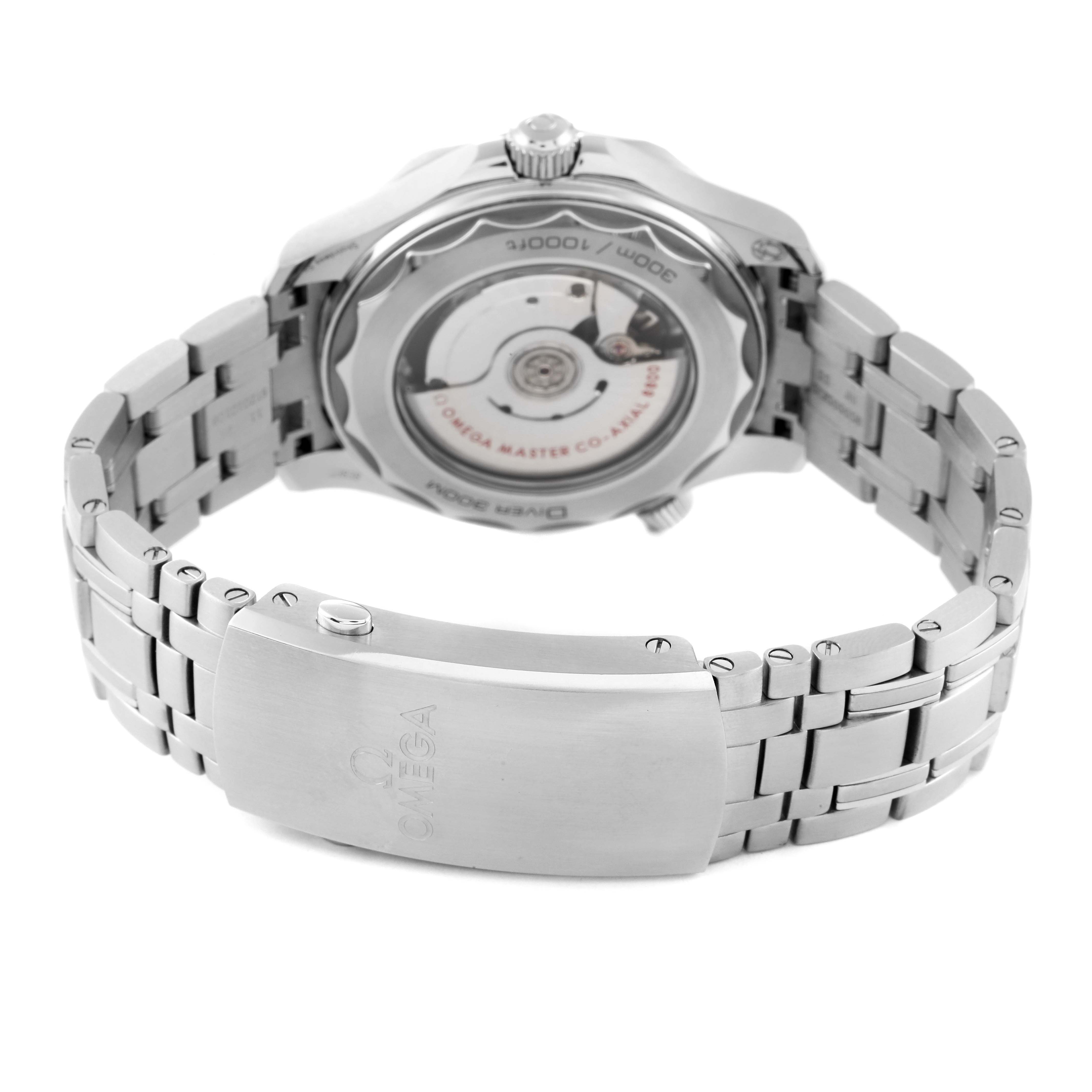 The image shows the back view of an Omega Seamaster 210.30.42.20.03.001 Men's Stainless Steel Blue Dial 210.30.42.20.03.001 Men's Stainless Steel Blue Dial watch, highlighting the case back and stainless steel bracelet.