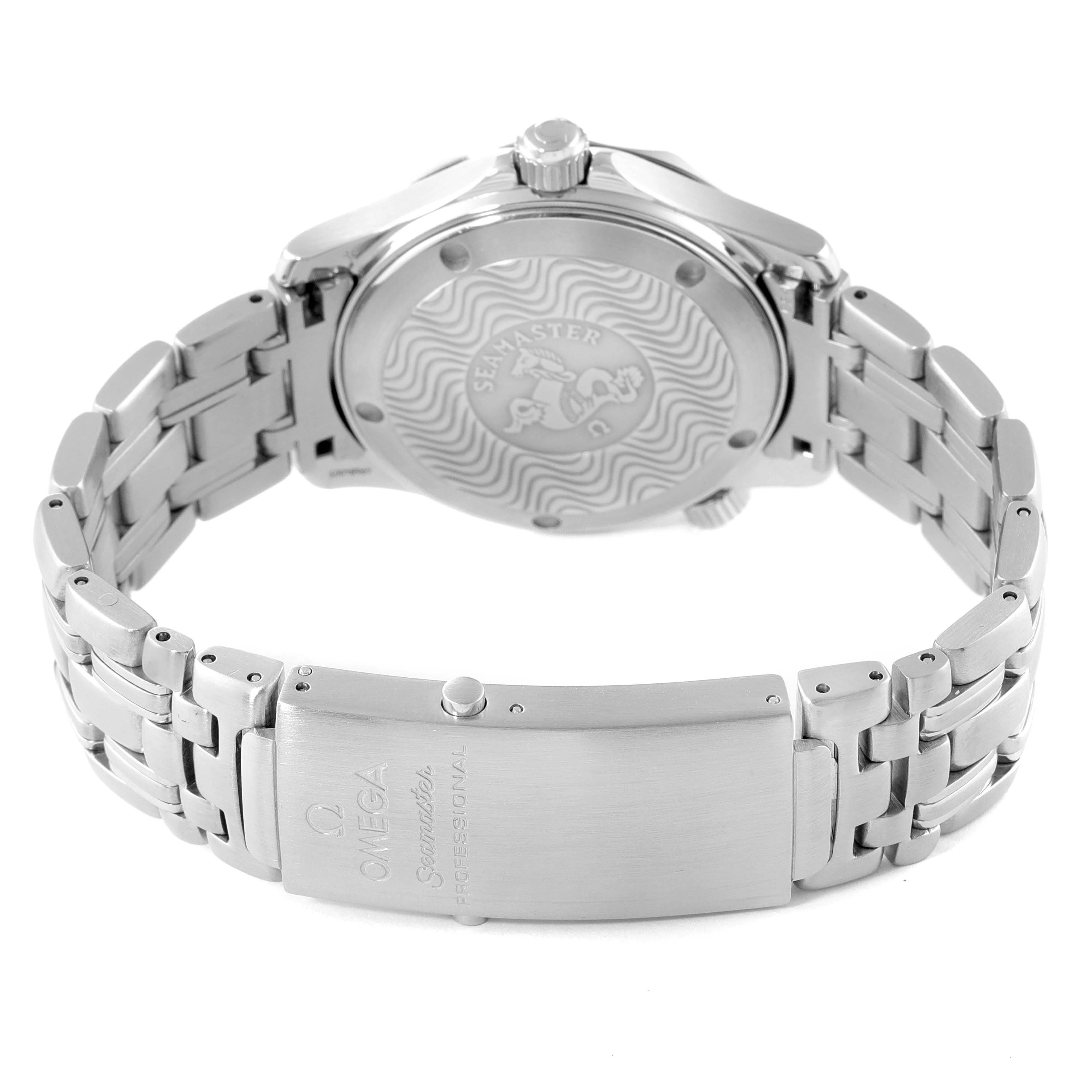 The image shows the back casing and bracelet clasp of the Omega Seamaster 2551.80.00 Men's Stainless Steel Blue Dial 2551.80.00 Men's Stainless Steel Blue Dial watch.