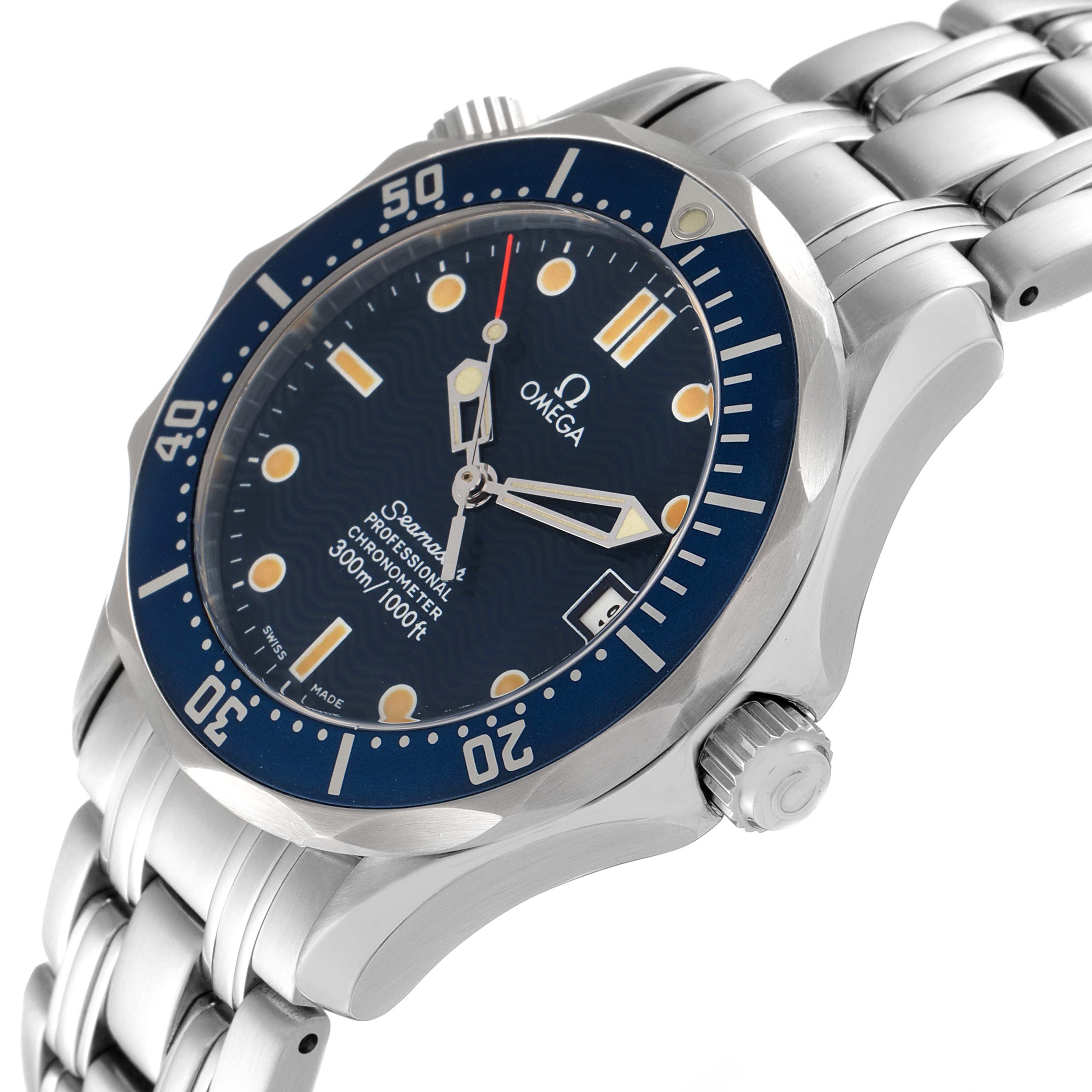 The Omega Seamaster 2551.80.00 Men's Stainless Steel Blue Dial 2551.80.00 Men's Stainless Steel Blue Dial watch is shown at an angle highlighting the dial, bezel, crown, and part of the bracelet.