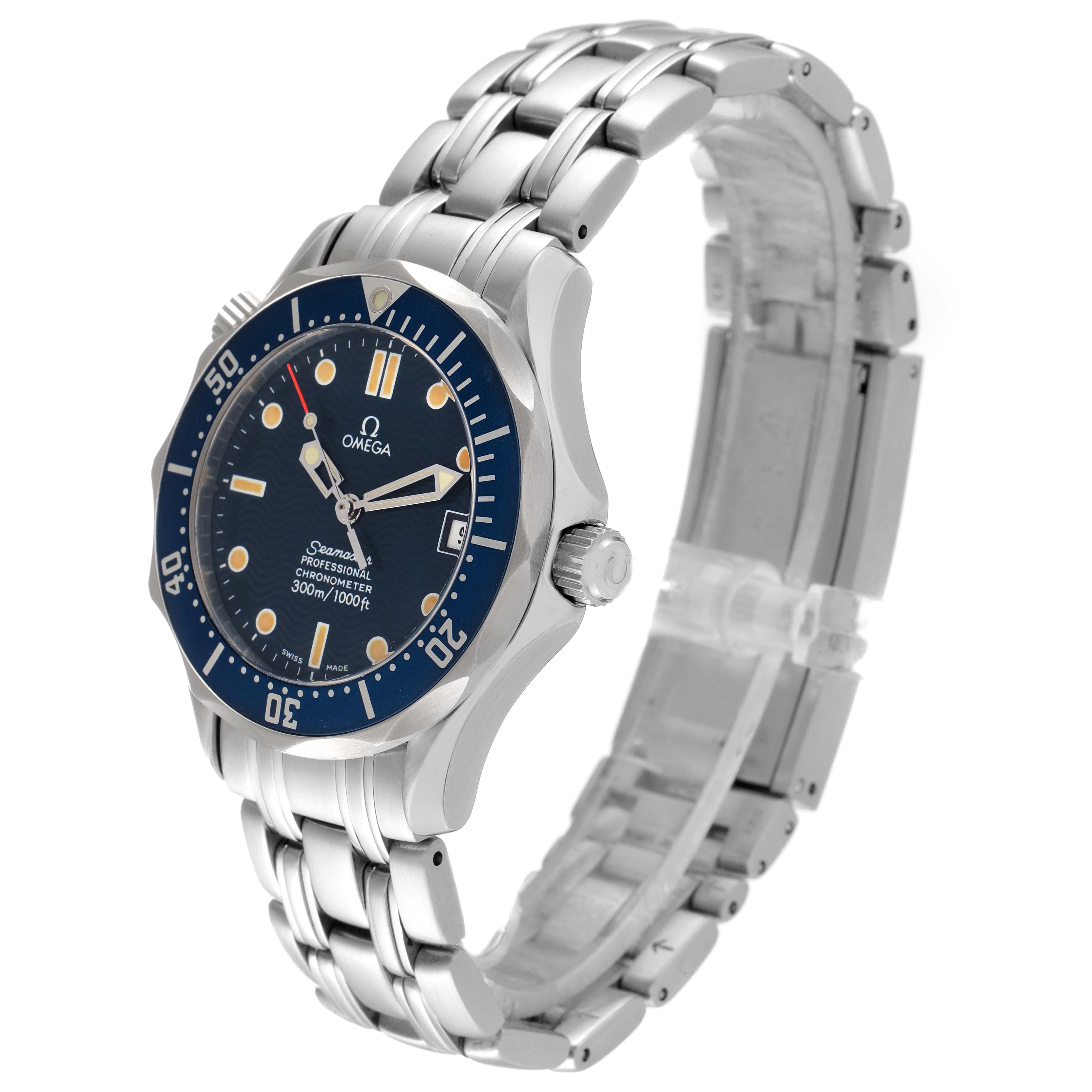 The Omega Seamaster 2551.80.00 Men's Stainless Steel Blue Dial 2551.80.00 Men's Stainless Steel Blue Dial watch is shown from an oblique angle, displaying its face, bezel, crown, and bracelet.