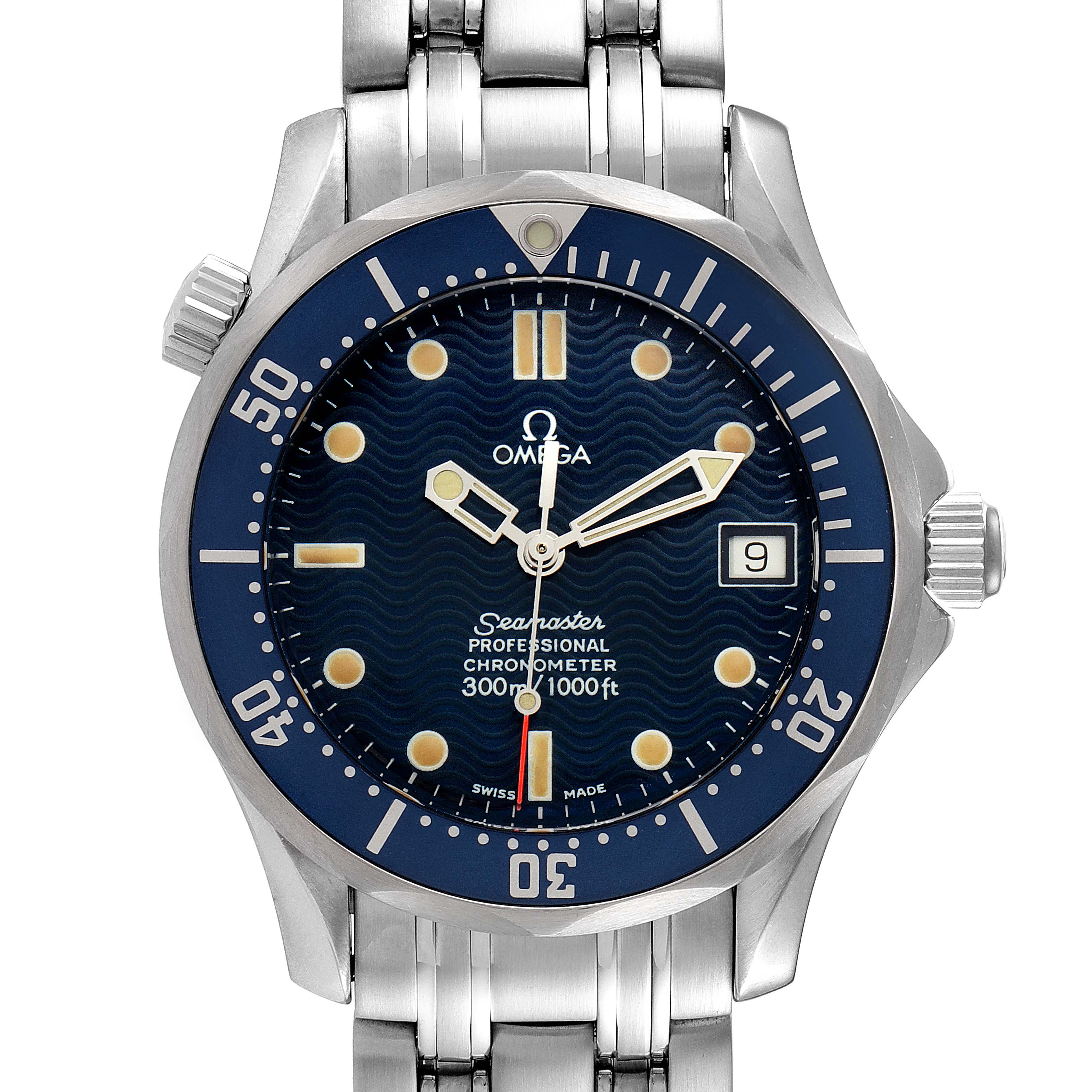 This image shows a front view of the Omega Seamaster 2551.80.00 Men's Stainless Steel Blue Dial 2551.80.00 Men's Stainless Steel Blue Dial watch, highlighting its blue dial, bezel, and bracelet.