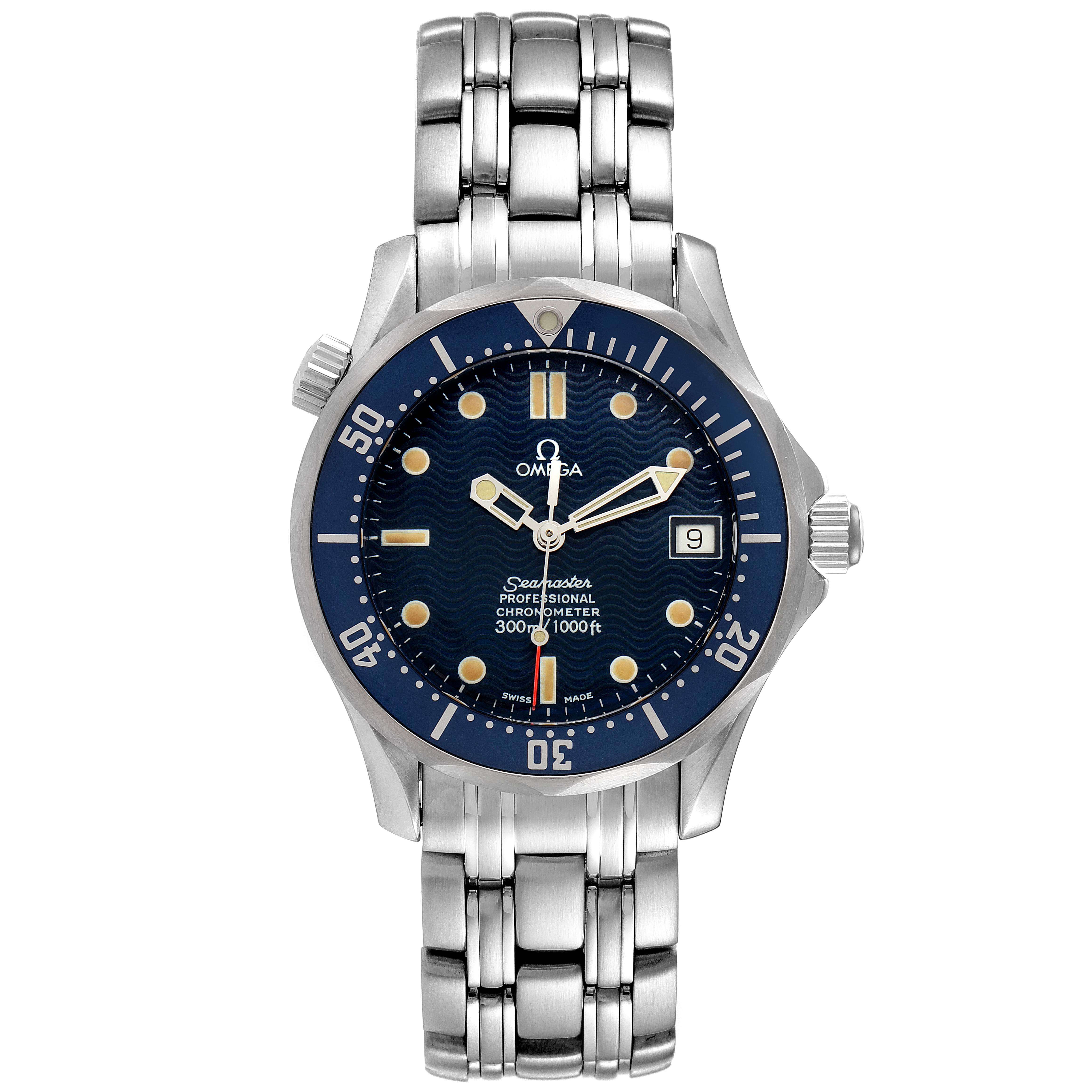 This image shows a front view of an Omega Seamaster 2551.80.00 Men's Stainless Steel Blue Dial 2551.80.00 Men's Stainless Steel Blue Dial watch, displaying its face, bezel, crown, and bracelet.