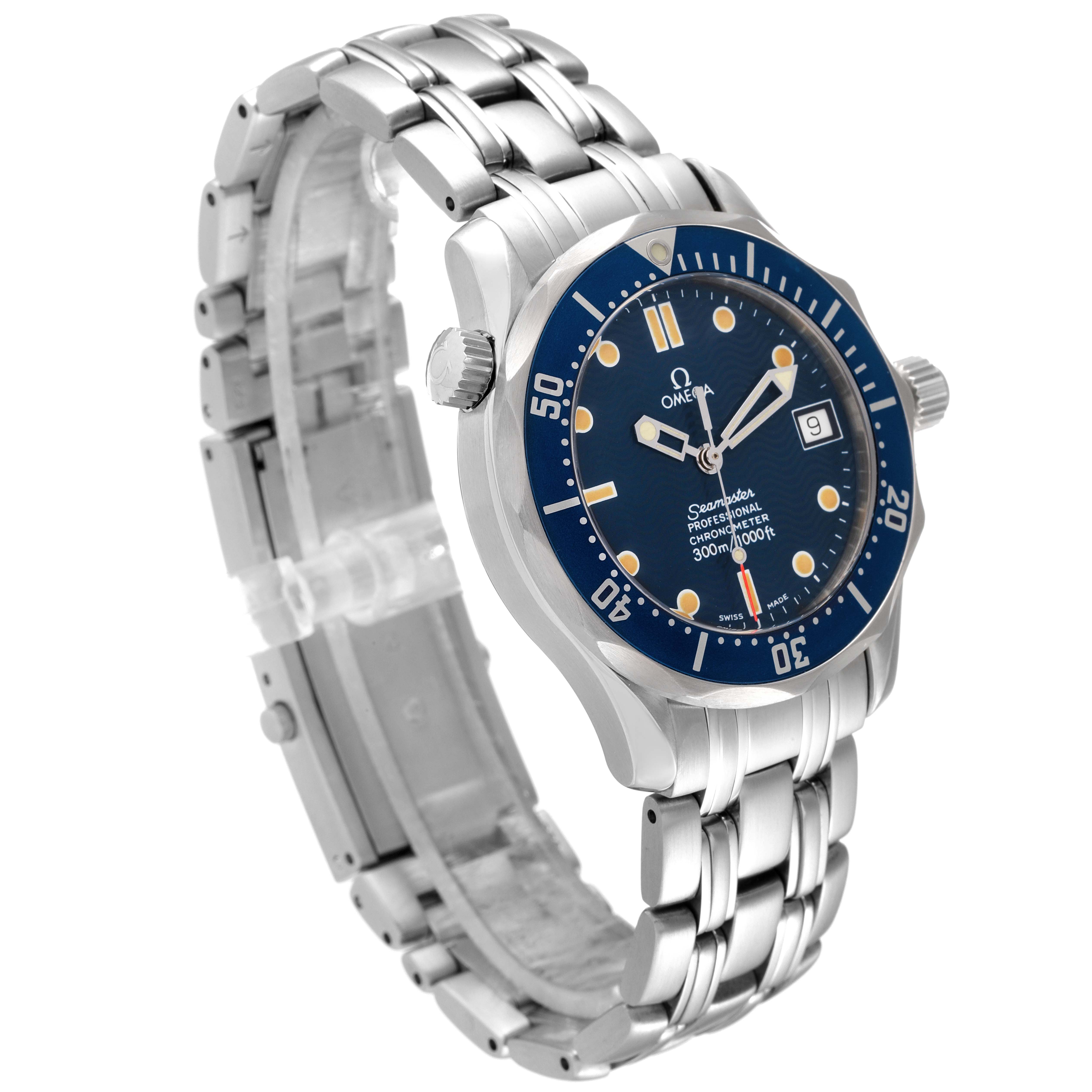 The image shows an Omega Seamaster 2551.80.00 Men's Stainless Steel Blue Dial 2551.80.00 Men's Stainless Steel Blue Dial watch at a 3/4 angle, highlighting its blue dial, bezel, and stainless steel bracelet.