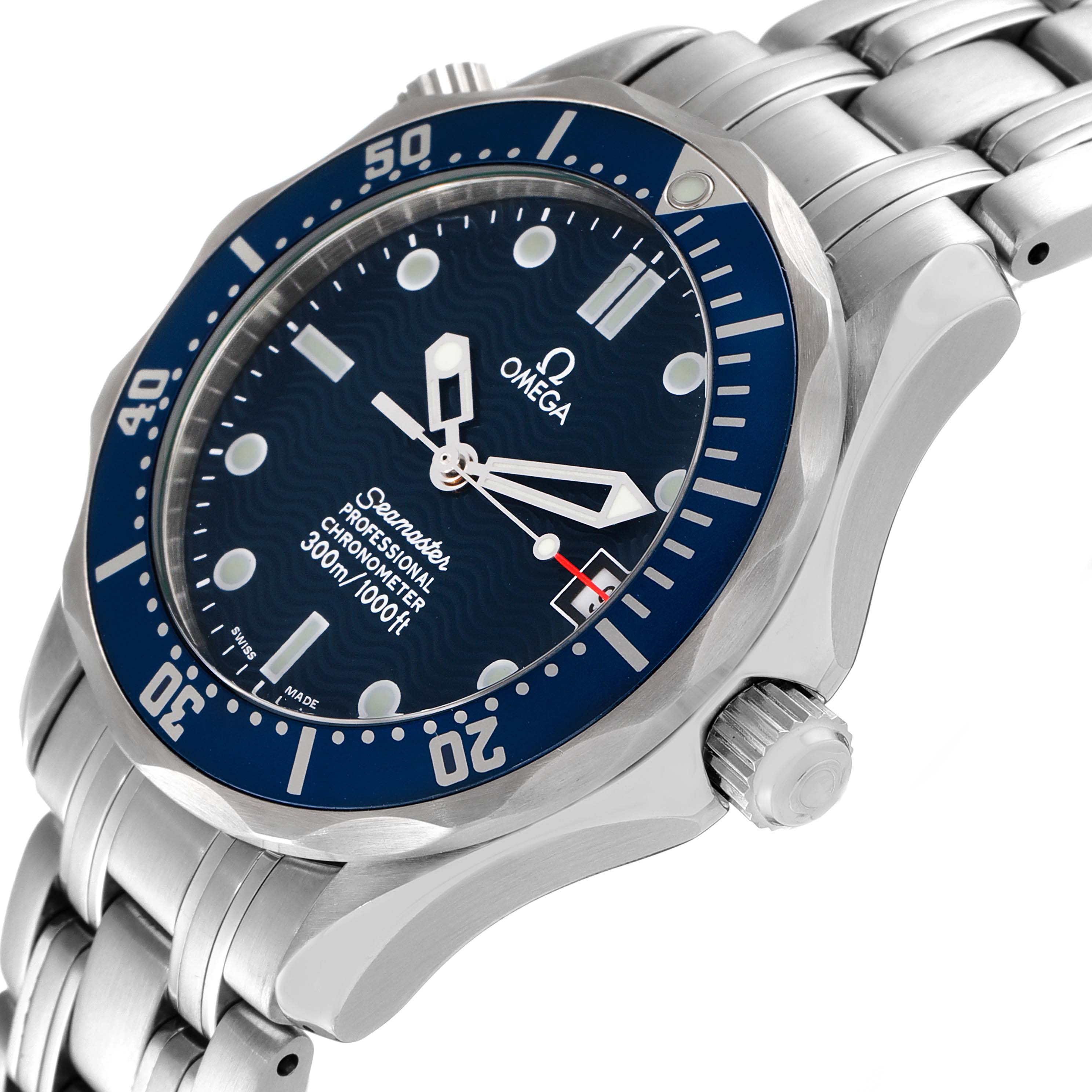 The image shows a close-up angle of an Omega Seamaster 2551.80.00 Men's Stainless Steel Blue Dial 2551.80.00 Men's Stainless Steel Blue Dial watch, highlighting the dial, bezel, crown, and part of the bracelet.