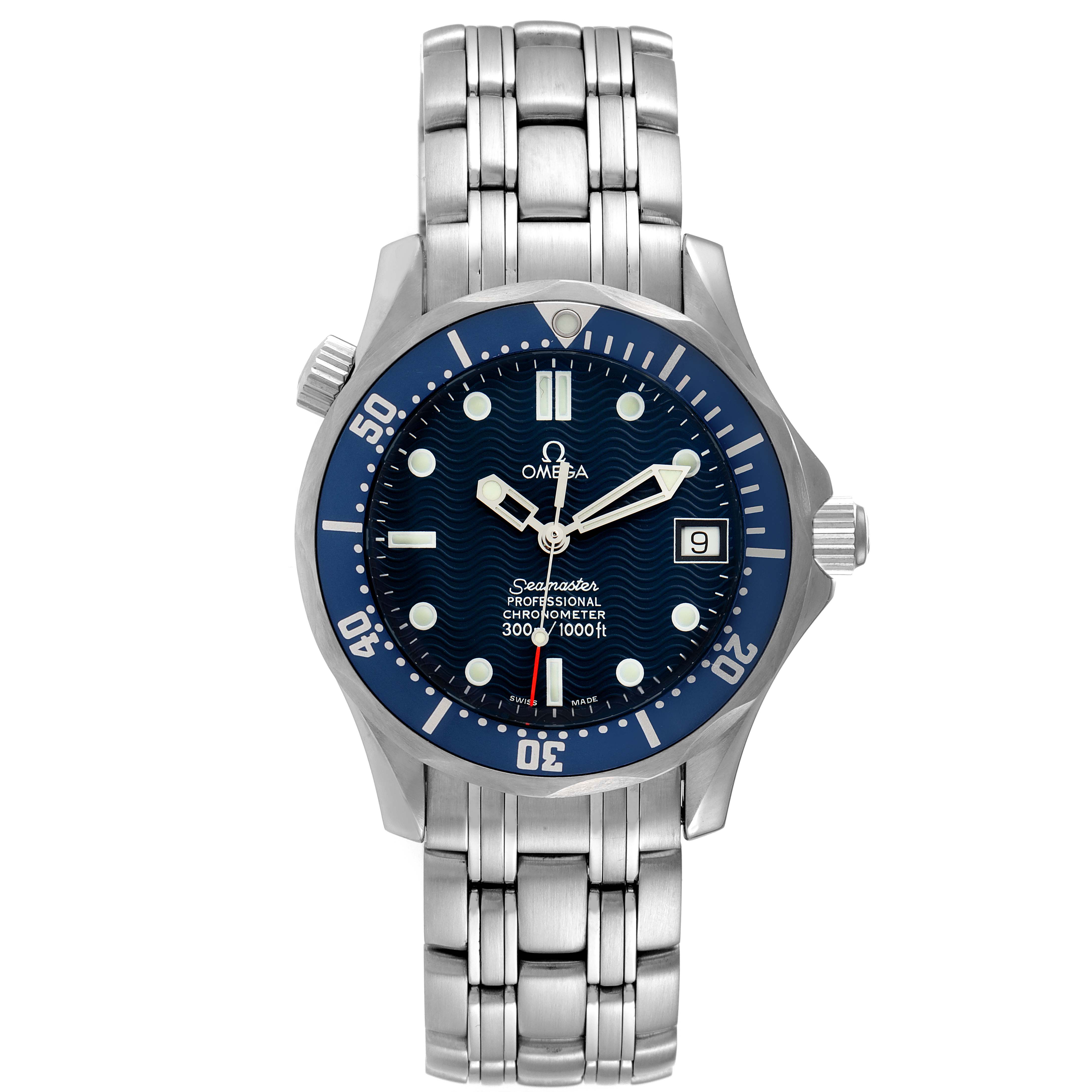 The Omega Seamaster 2551.80.00 Men's Stainless Steel Blue Dial 2551.80.00 Men's Stainless Steel Blue Dial watch is shown from the front, featuring its blue dial, bezel, and stainless steel bracelet.