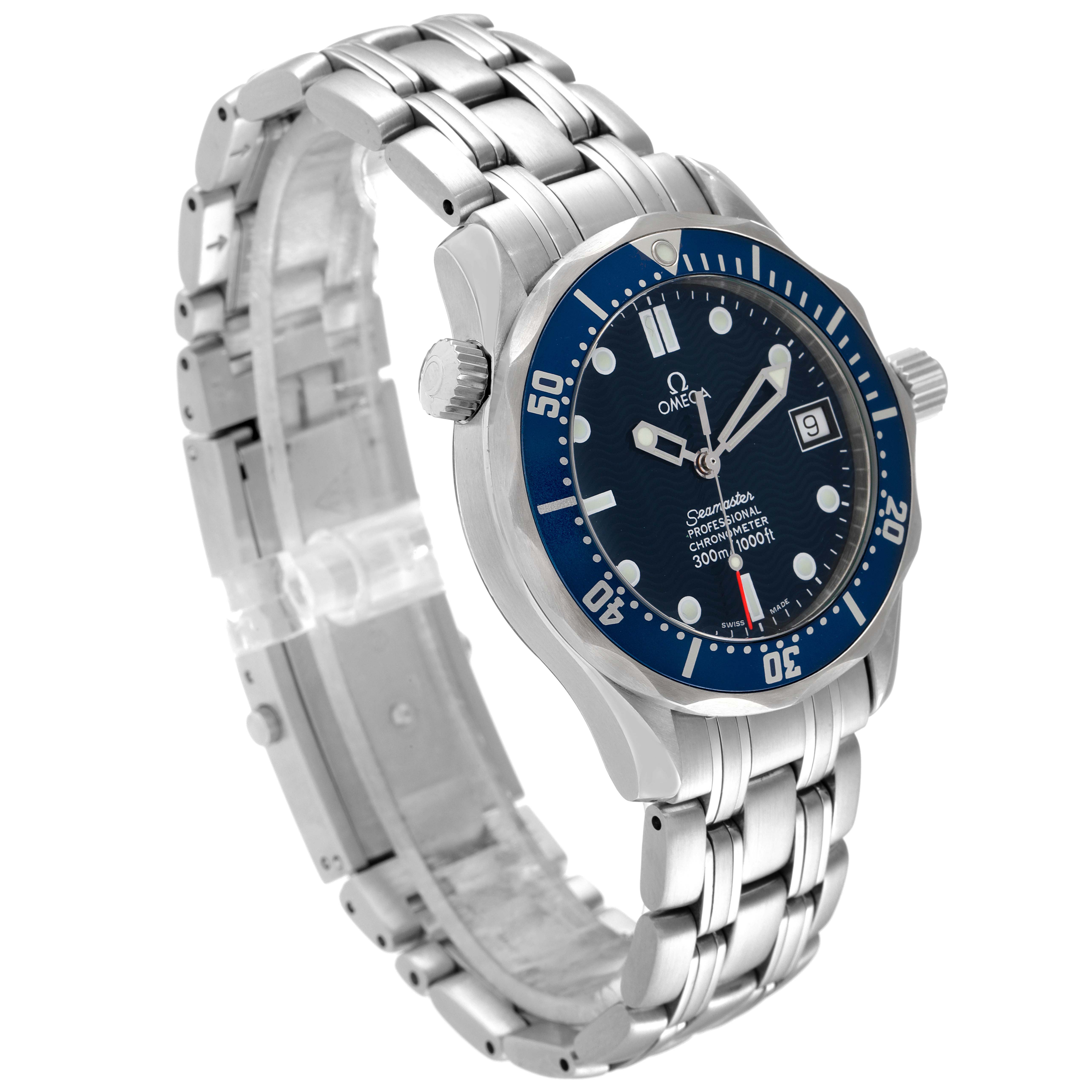 This Omega Seamaster 2551.80.00 Men's Stainless Steel Blue Dial 2551.80.00 Men's Stainless Steel Blue Dial watch is shown at an angled view, displaying the watch face, bezel, crown, and metal bracelet.