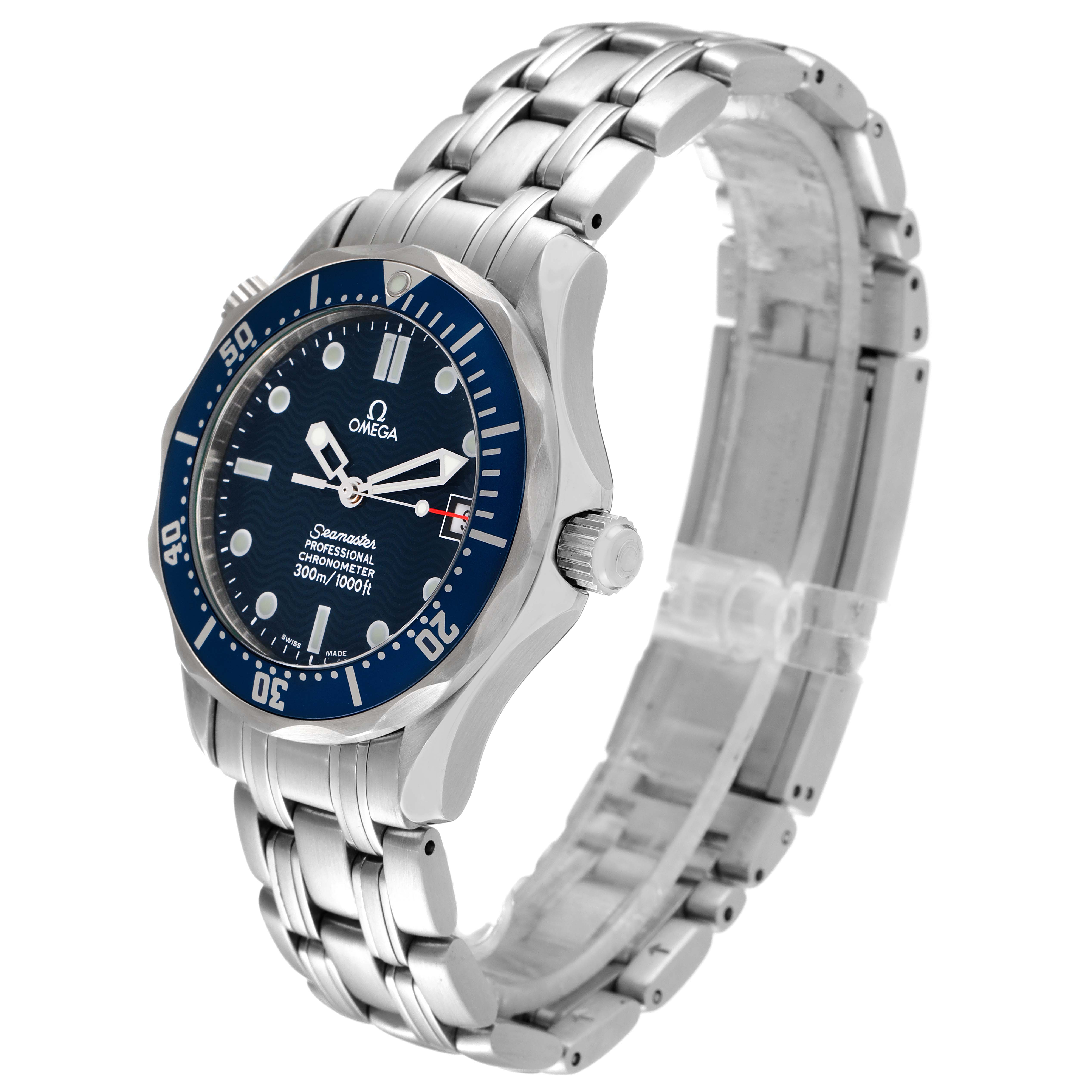 The image shows a side-angle view of an Omega Seamaster 2551.80.00 Men's Stainless Steel Blue Dial 2551.80.00 Men's Stainless Steel Blue Dial watch, highlighting the bracelet, case, and bezel.
