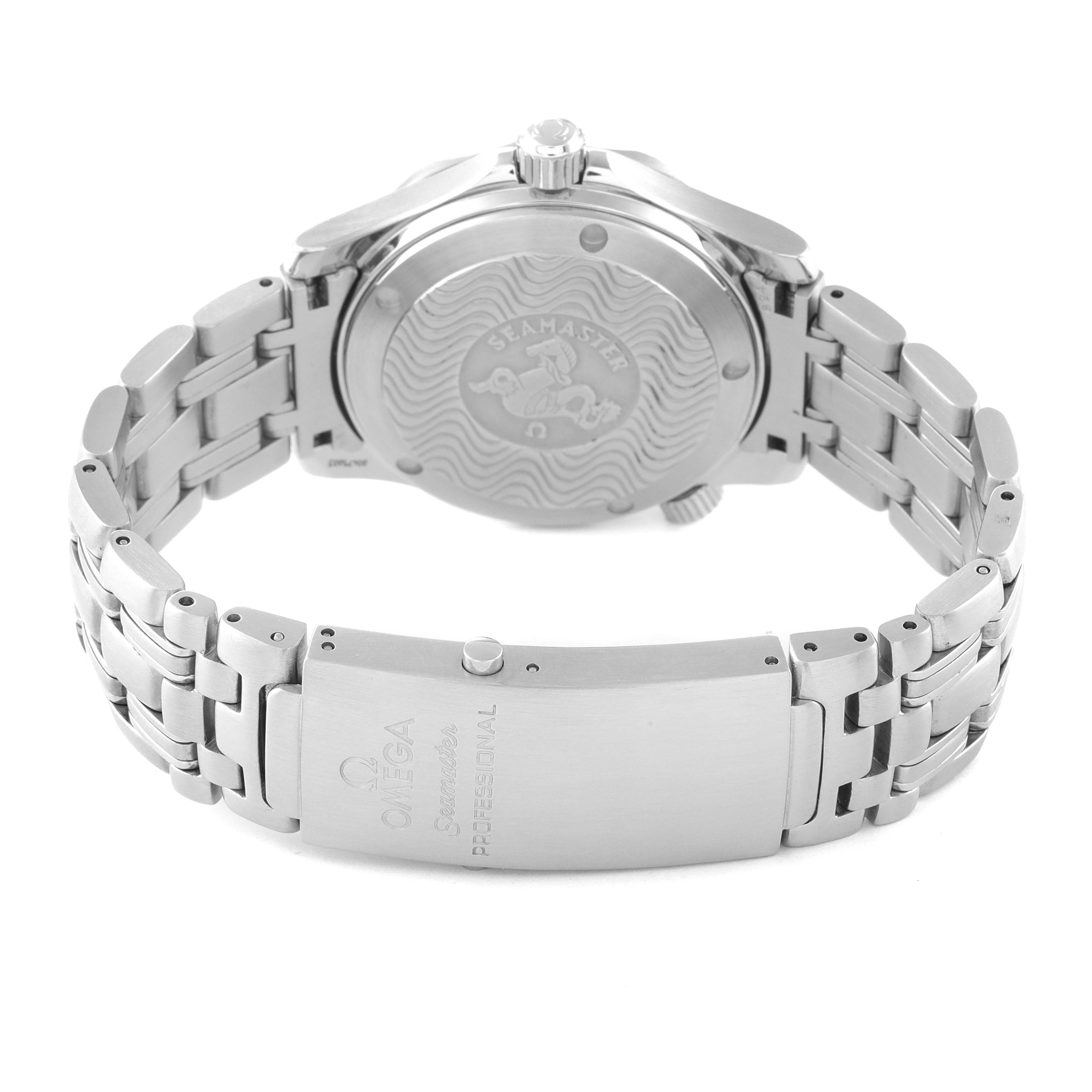 The image shows the back view of the Omega Seamaster 2551.80.00 Men's Stainless Steel Blue Dial 2551.80.00 Men's Stainless Steel Blue Dial watch, focusing on its case back and metal bracelet with clasp.