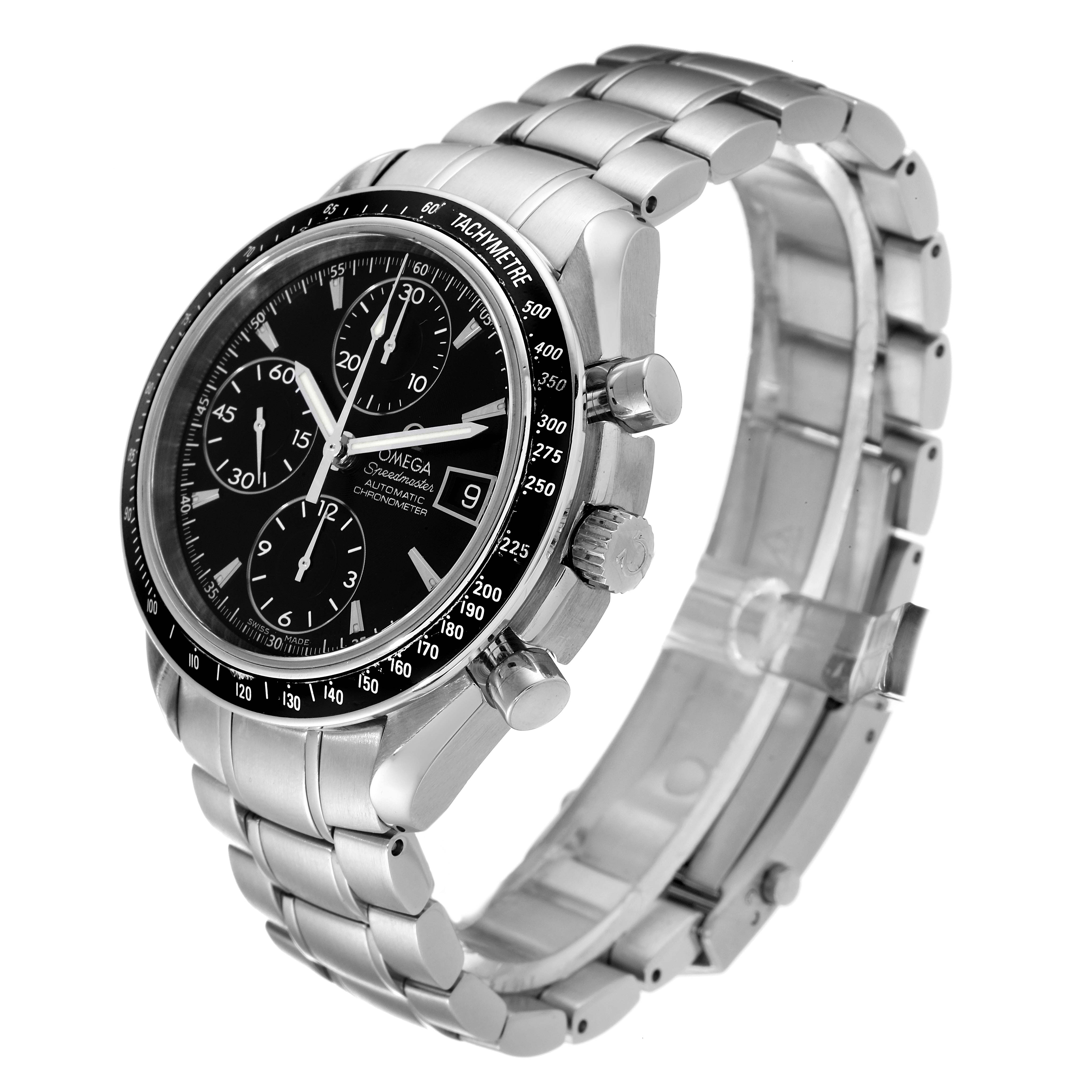 The Omega Speedmaster 3210.50.00 Men's Stainless Steel Black Dial 3210.50.00 Men's Stainless Steel Black Dial watch is shown at a three-quarter angle, highlighting its face, buttons, and metal bracelet.