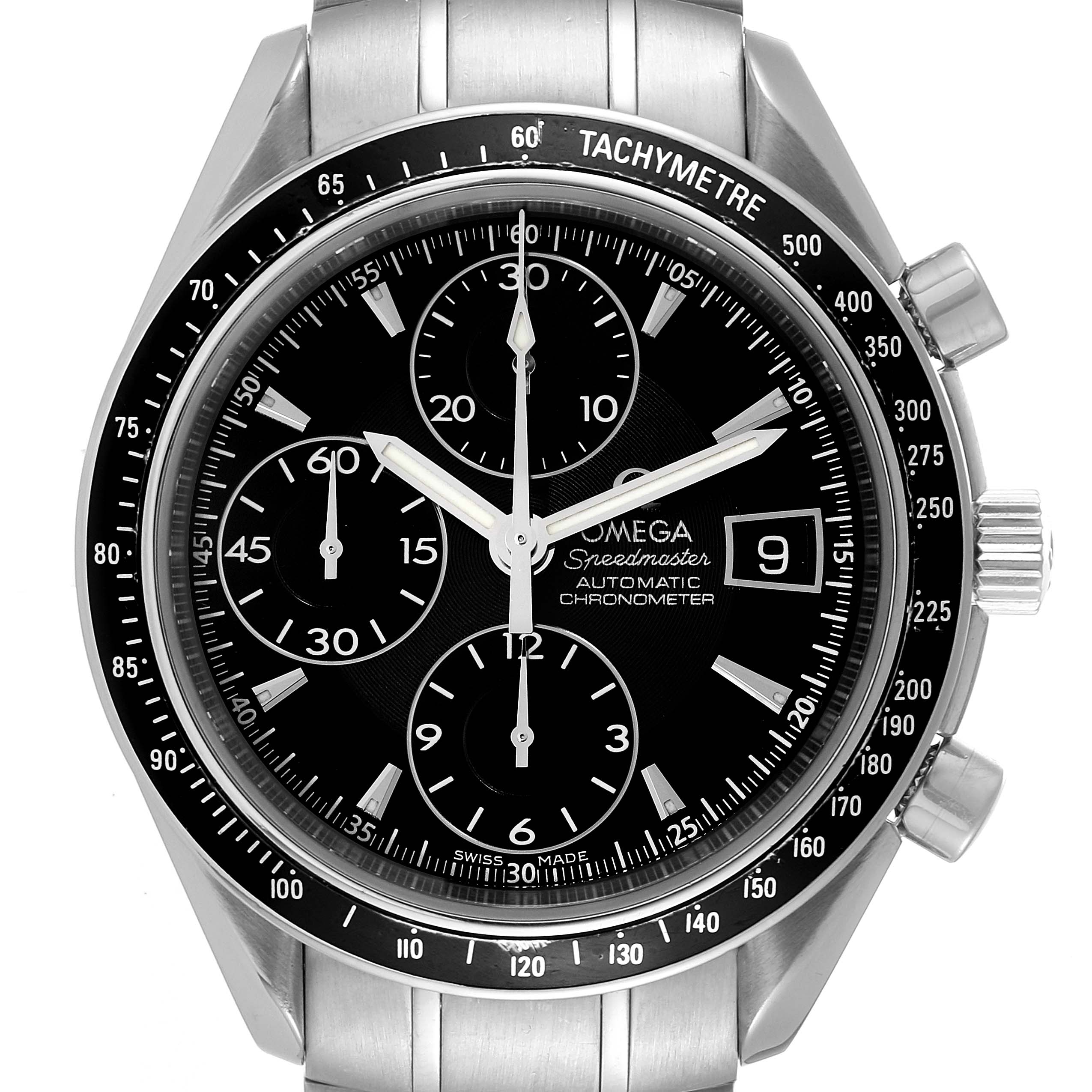 The image shows the front view of an Omega Speedmaster 3210.50.00 Men's Stainless Steel Black Dial 3210.50.00 Men's Stainless Steel Black Dial watch, highlighting its black dial, tachymeter bezel, and chronograph subdials.