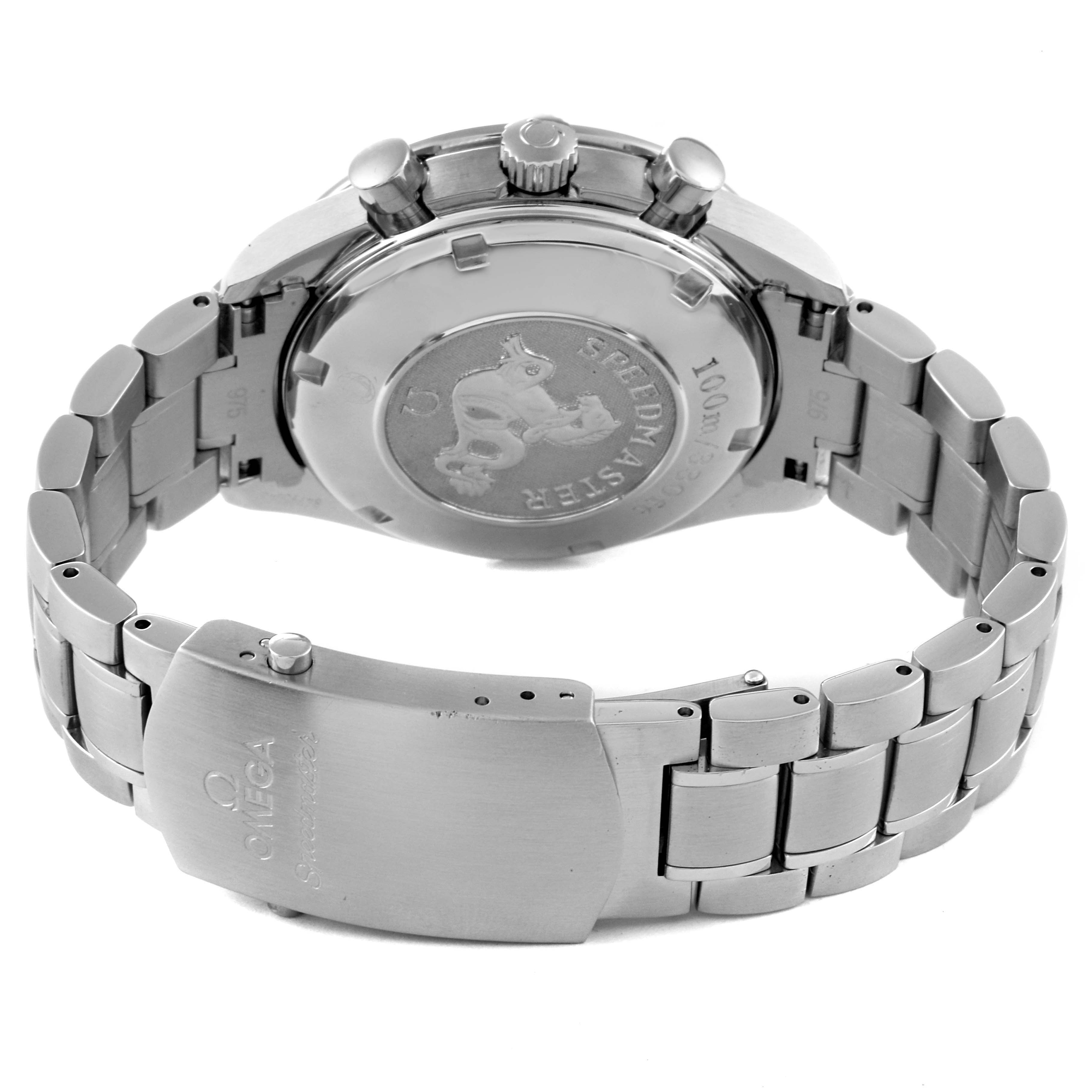The image shows the back view of the Omega Speedmaster 3210.50.00 Men's Stainless Steel Black Dial 3210.50.00 Men's Stainless Steel Black Dial watch, featuring the bracelet and clasp.