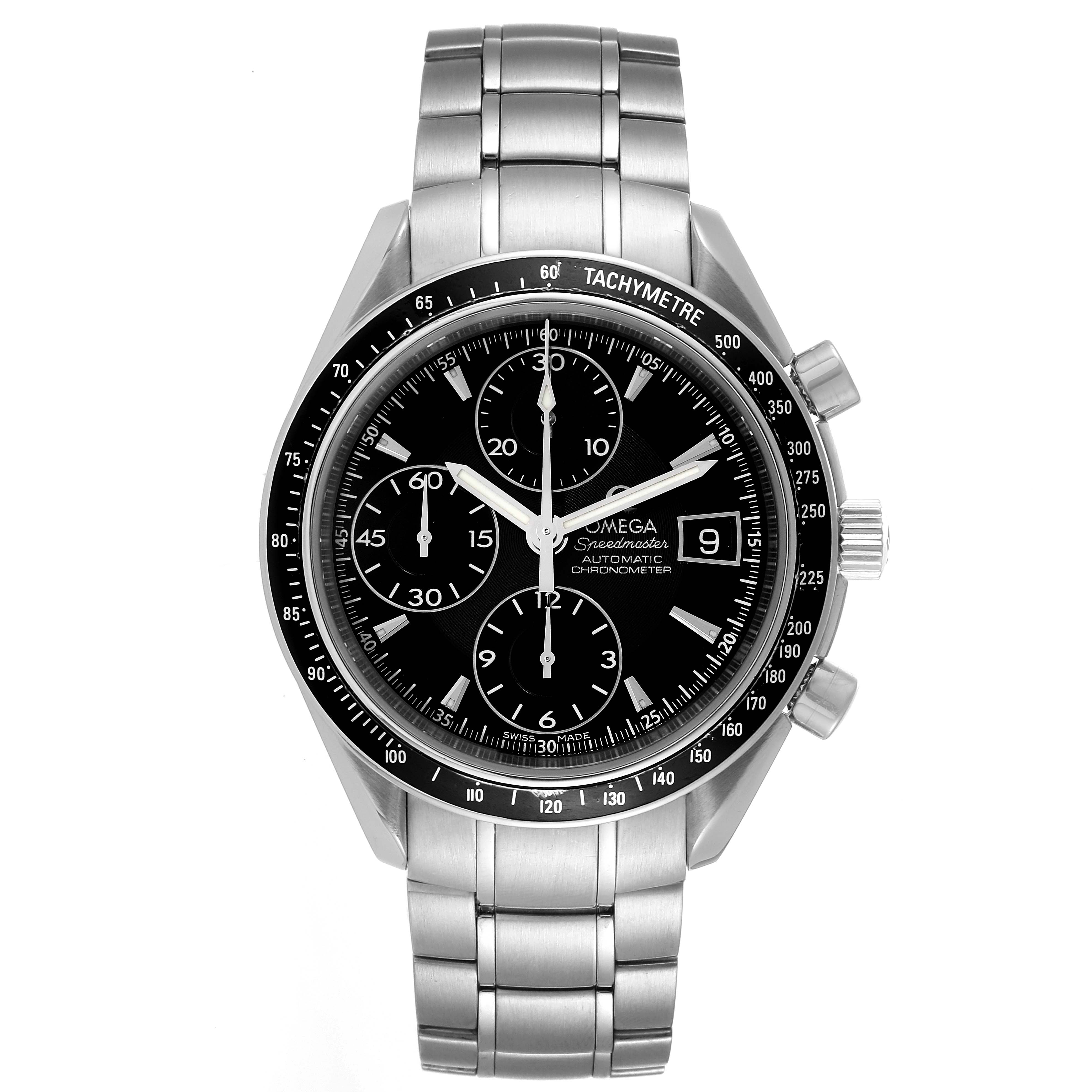 The Omega Speedmaster 3210.50.00 Men's Stainless Steel Black Dial 3210.50.00 Men's Stainless Steel Black Dial watch is shown from the front, displaying its dial, hands, subdials, date window, and metal bracelet.