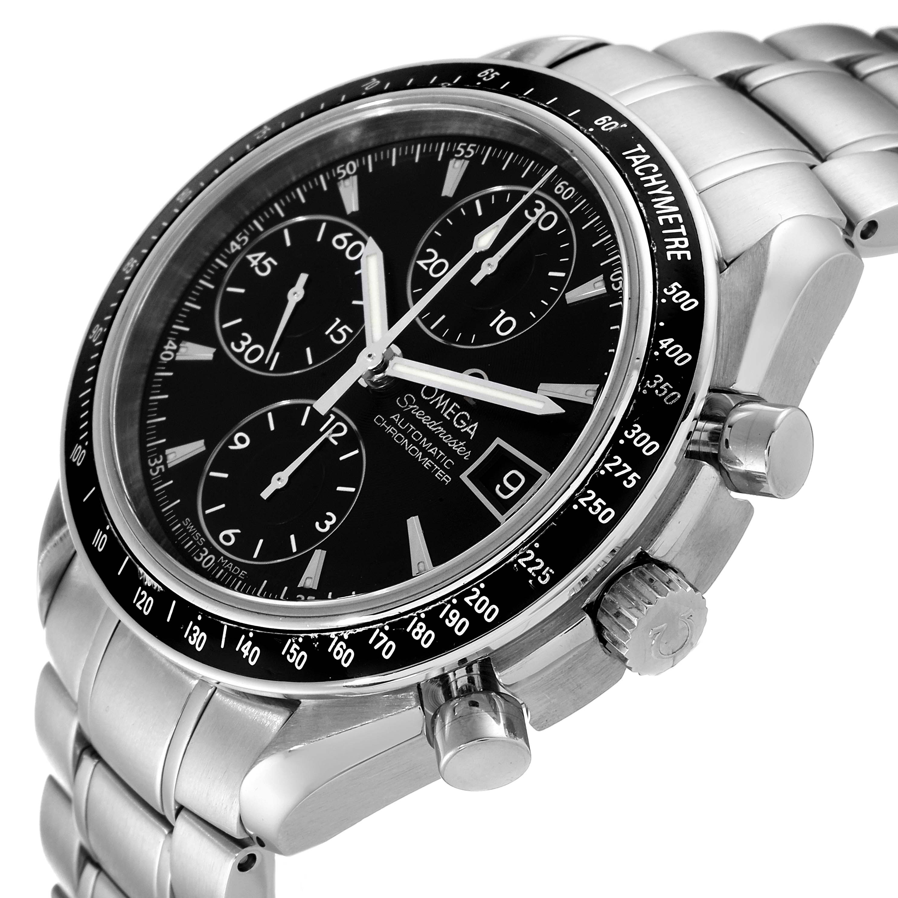 The Omega Speedmaster 3210.50.00 Men's Stainless Steel Black Dial 3210.50.00 Men's Stainless Steel Black Dial watch is shown at an angled close-up displaying its face, bezel, crown, and part of the bracelet.