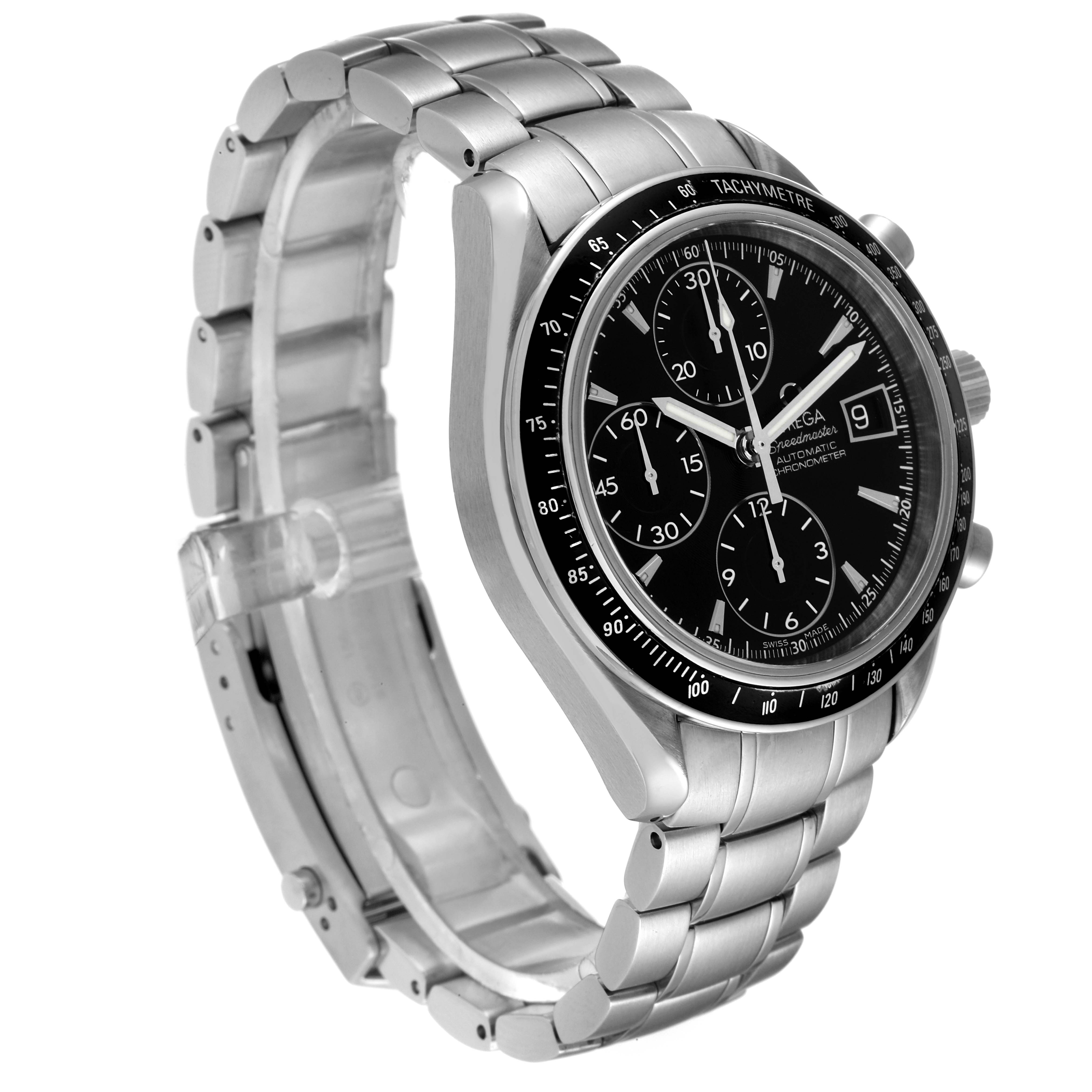 The image shows the Omega Speedmaster 3210.50.00 Men's Stainless Steel Black Dial 3210.50.00 Men's Stainless Steel Black Dial watch at a three-quarter angle, highlighting its face, bezel, and bracelet.
