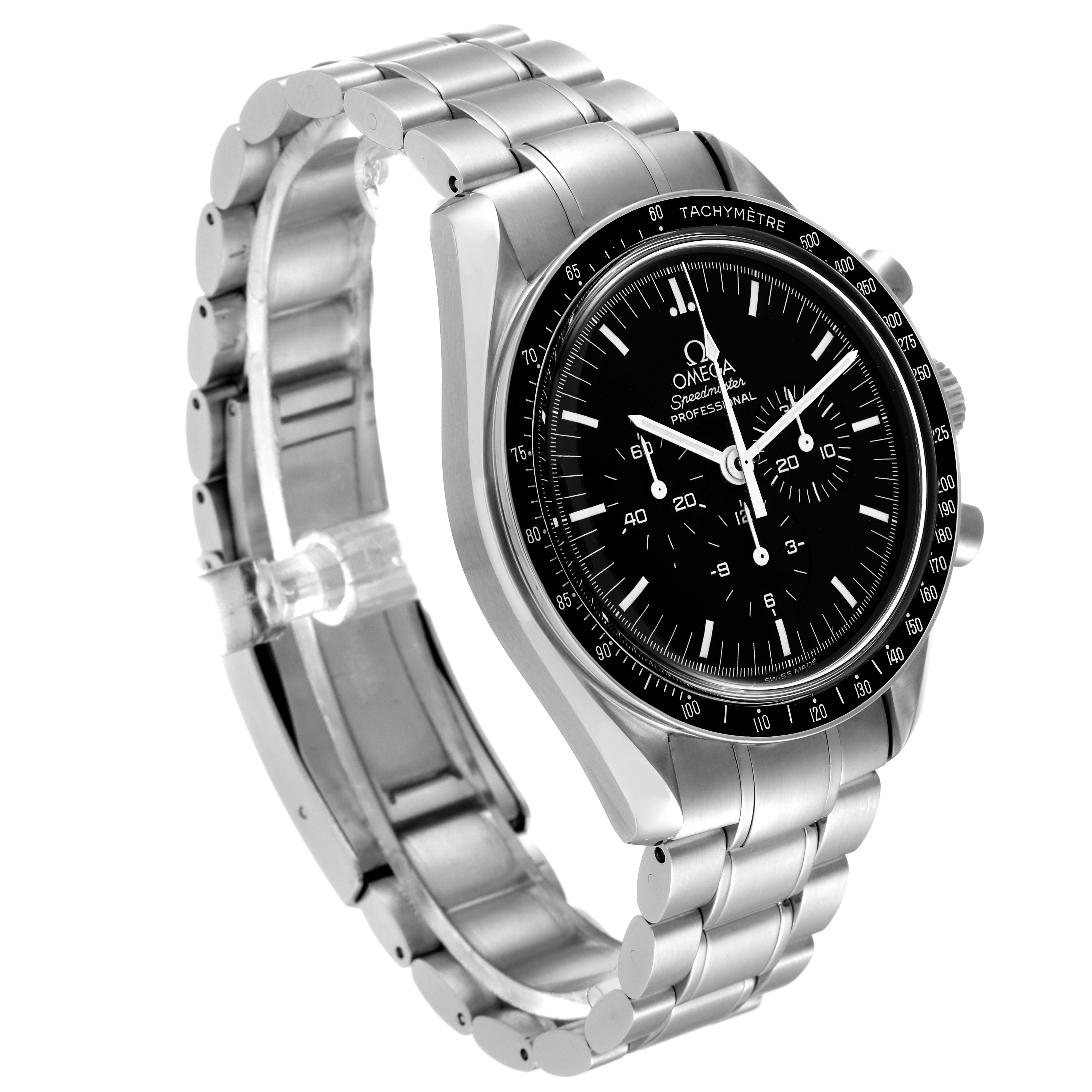 The image shows an Omega Speedmaster 3570.50.00 Men
s Stainless Steel Black Dial 3570.50.00 Men
s Stainless Steel Black Dial watch from a slight side angle, displaying its bezel, dial, and bracelet.