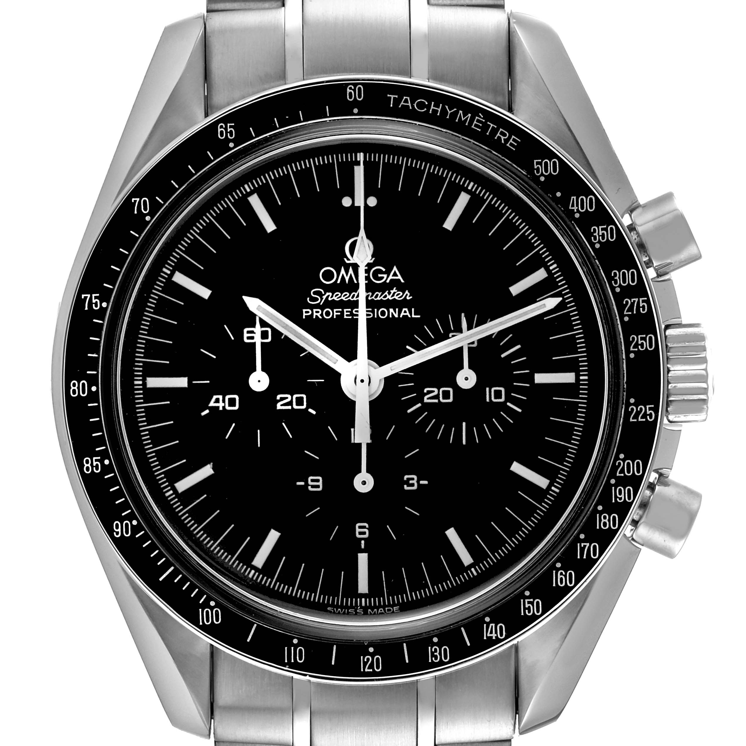 The image shows a front view of an Omega Speedmaster 3570.50.00 Men
s Stainless Steel Black Dial 3570.50.00 Men
s Stainless Steel Black Dial watch, highlighting its face, bezel, and bracelet.