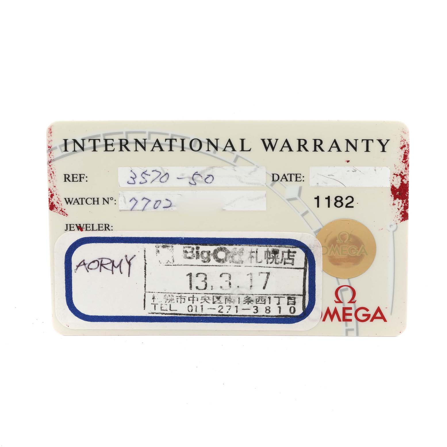 The image shows the international warranty card for an Omega Speedmaster 3570.50.00 Men
s Stainless Steel Black Dial 3570.50.00 Men
s Stainless Steel Black Dial watch, providing details such as reference and watch number.
