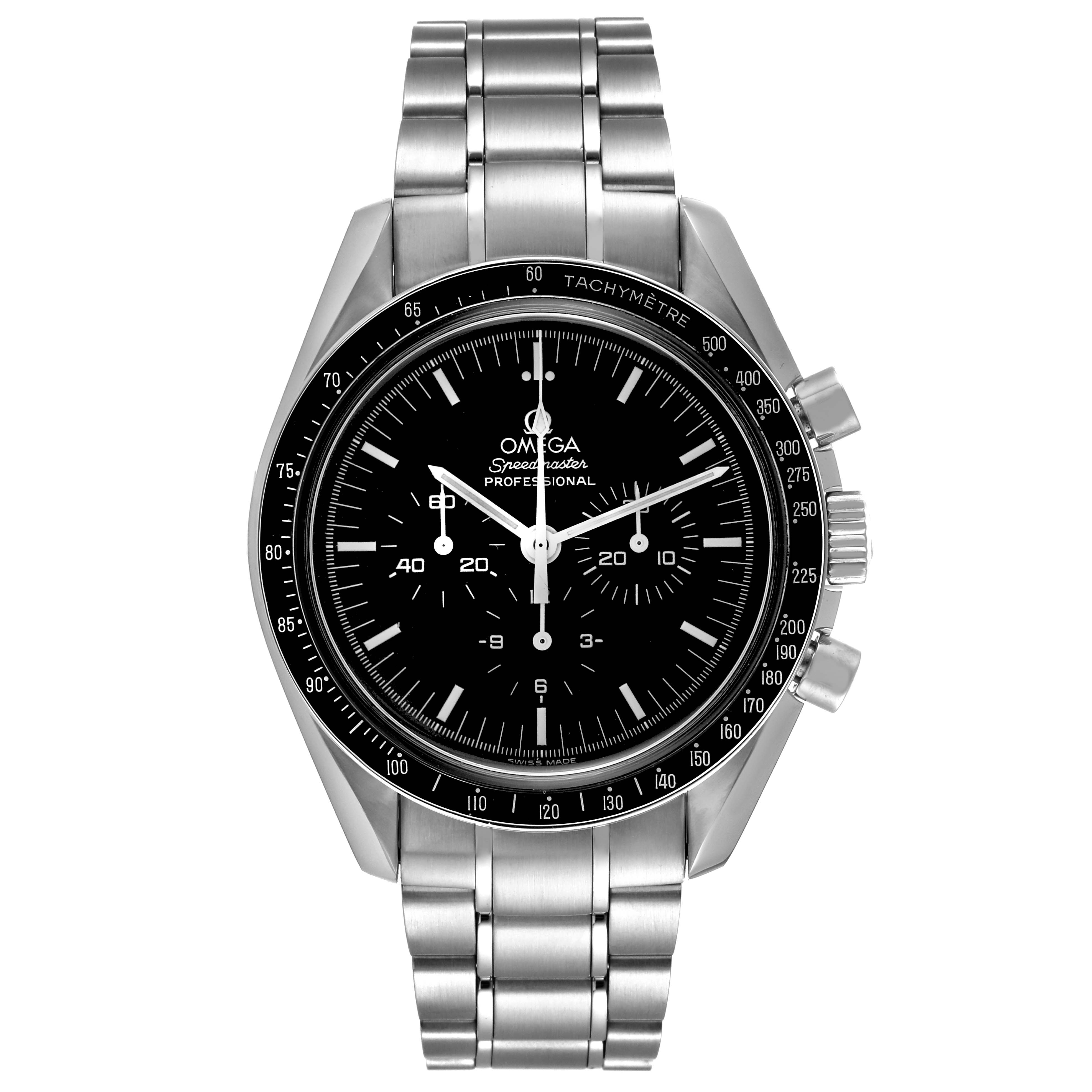 This image shows a frontal view of the Omega Speedmaster 3570.50.00 Men
s Stainless Steel Black Dial 3570.50.00 Men
s Stainless Steel Black Dial watch, highlighting the dial, bezel, and stainless steel bracelet.