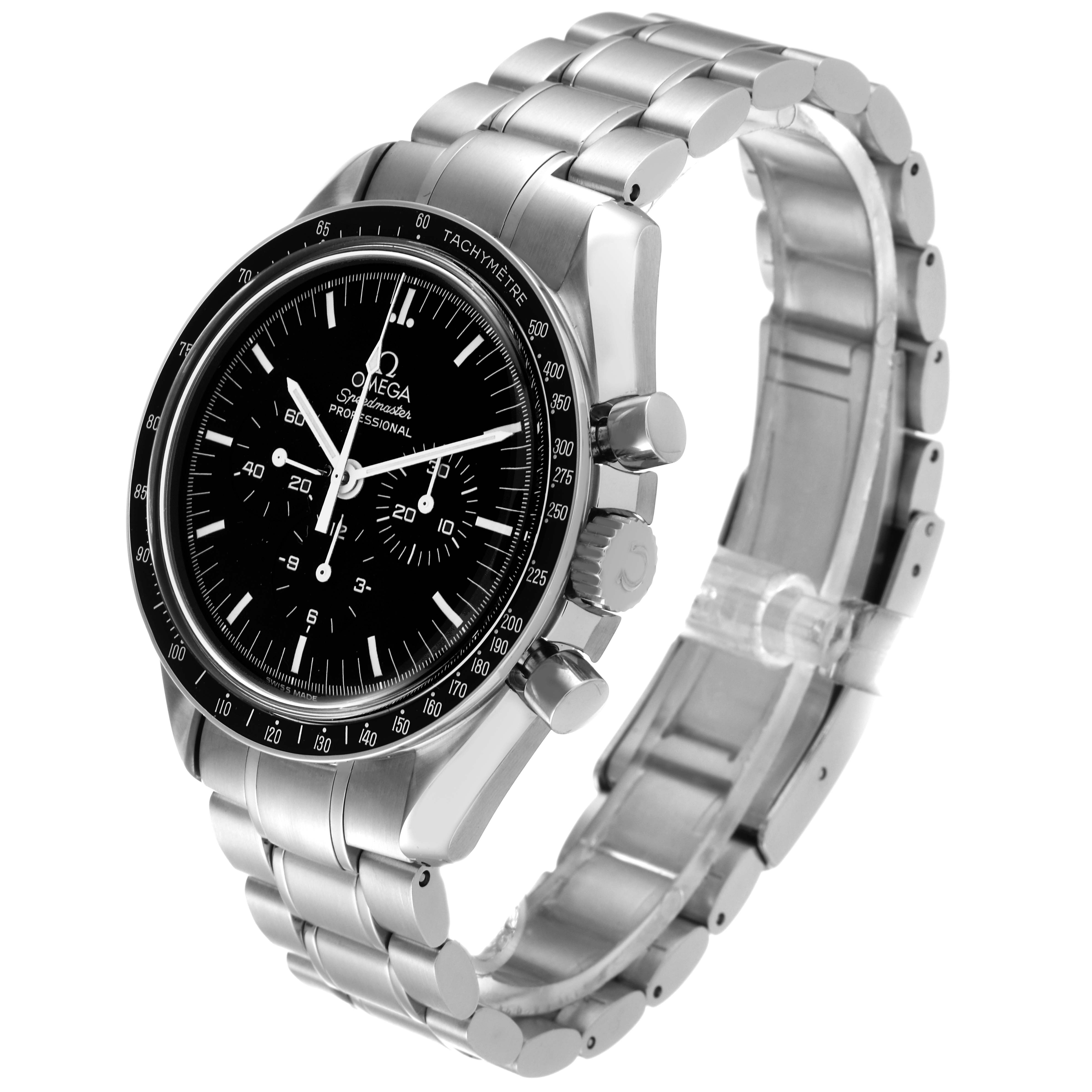 The image shows a three-quarter view of an Omega Speedmaster 3570.50.00 Men
s Stainless Steel Black Dial 3570.50.00 Men
s Stainless Steel Black Dial watch, highlighting the face, bezel, and bracelet.