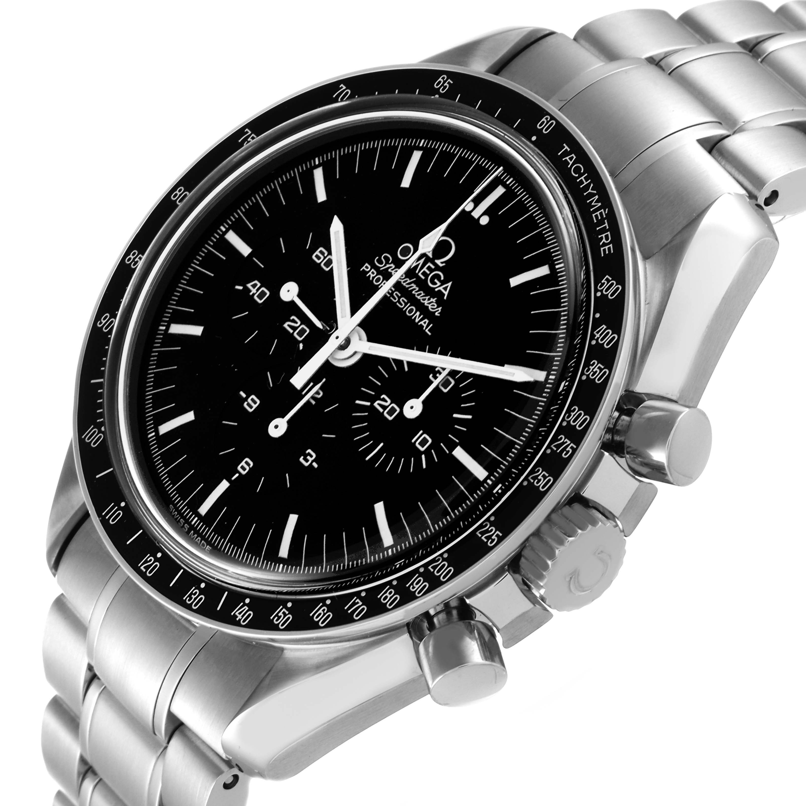 The Omega Speedmaster 3570.50.00 Men
s Stainless Steel Black Dial 3570.50.00 Men
s Stainless Steel Black Dial watch is shown at a slight angle, highlighting its bezel, dials, and metal strap.