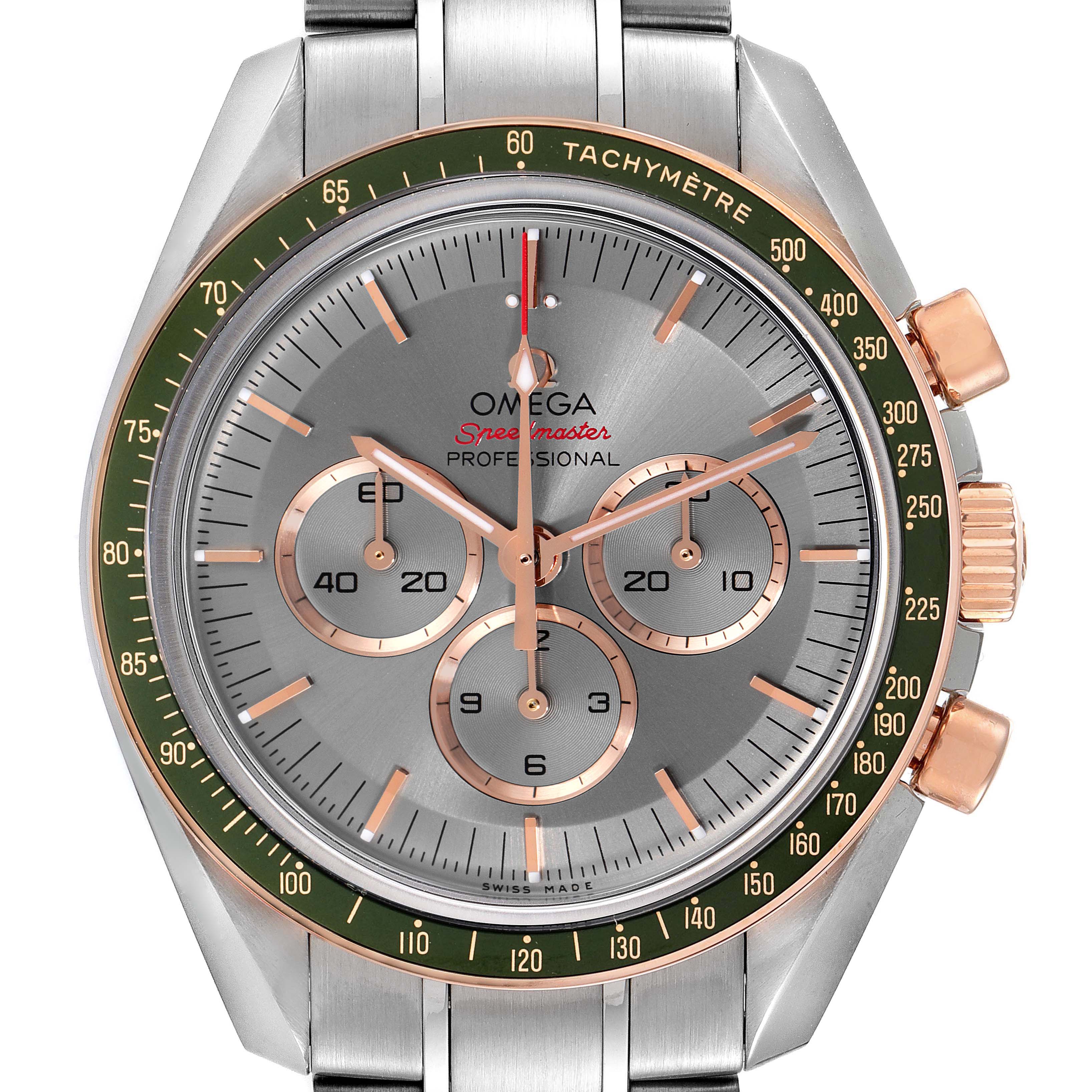 The image shows the front view of an Omega Speedmaster 522.20.42.30.06.001 Men's Stainless Steel Grey Dial 522.20.42.30.06.001 Men's Stainless Steel Grey Dial watch, highlighting its dial, tachymeter bezel, and chronograph subdials.