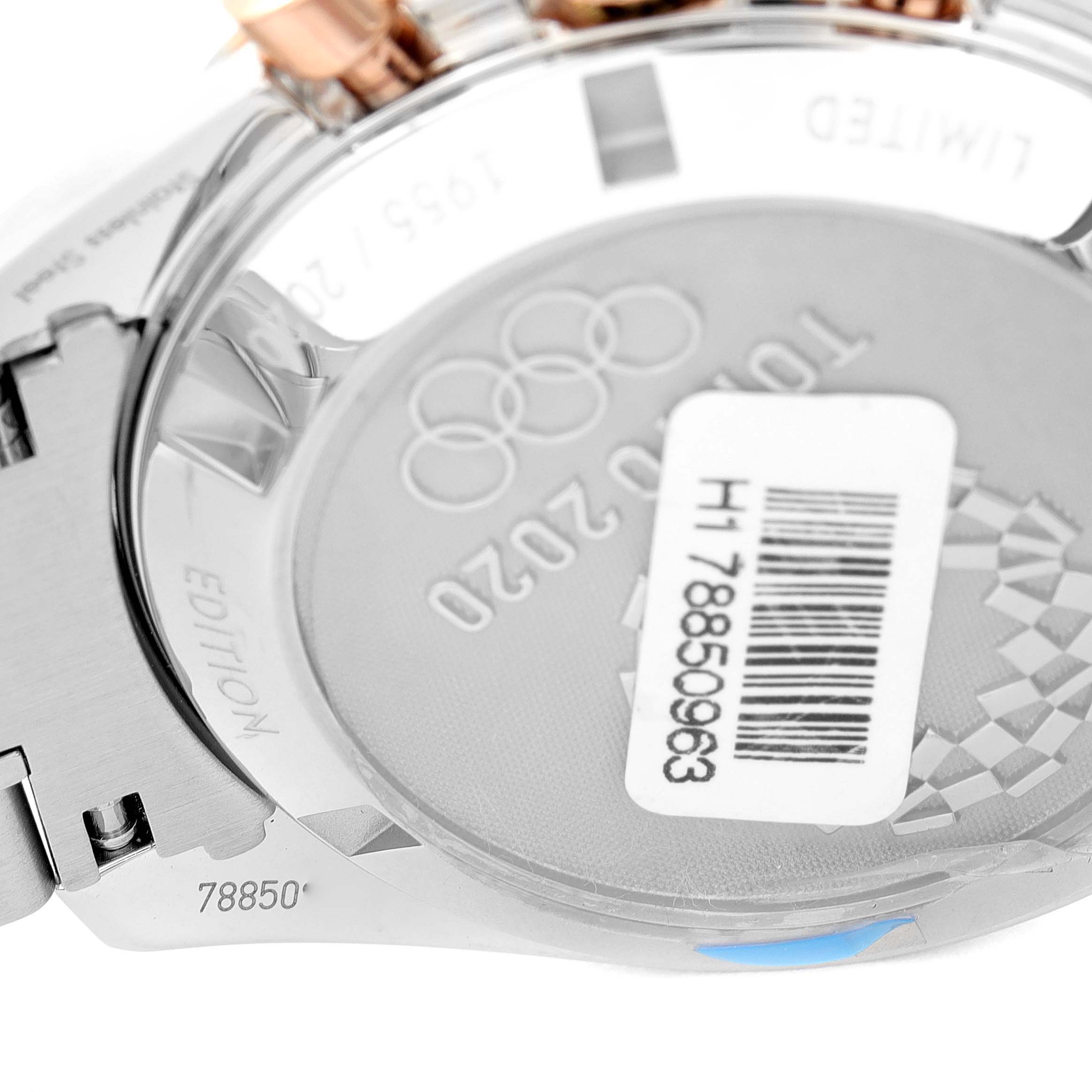 The image shows the back case of an Omega Speedmaster 522.20.42.30.06.001 Men's Stainless Steel Grey Dial 522.20.42.30.06.001 Men's Stainless Steel Grey Dial watch, highlighting its limited edition design and Olympic engraving.