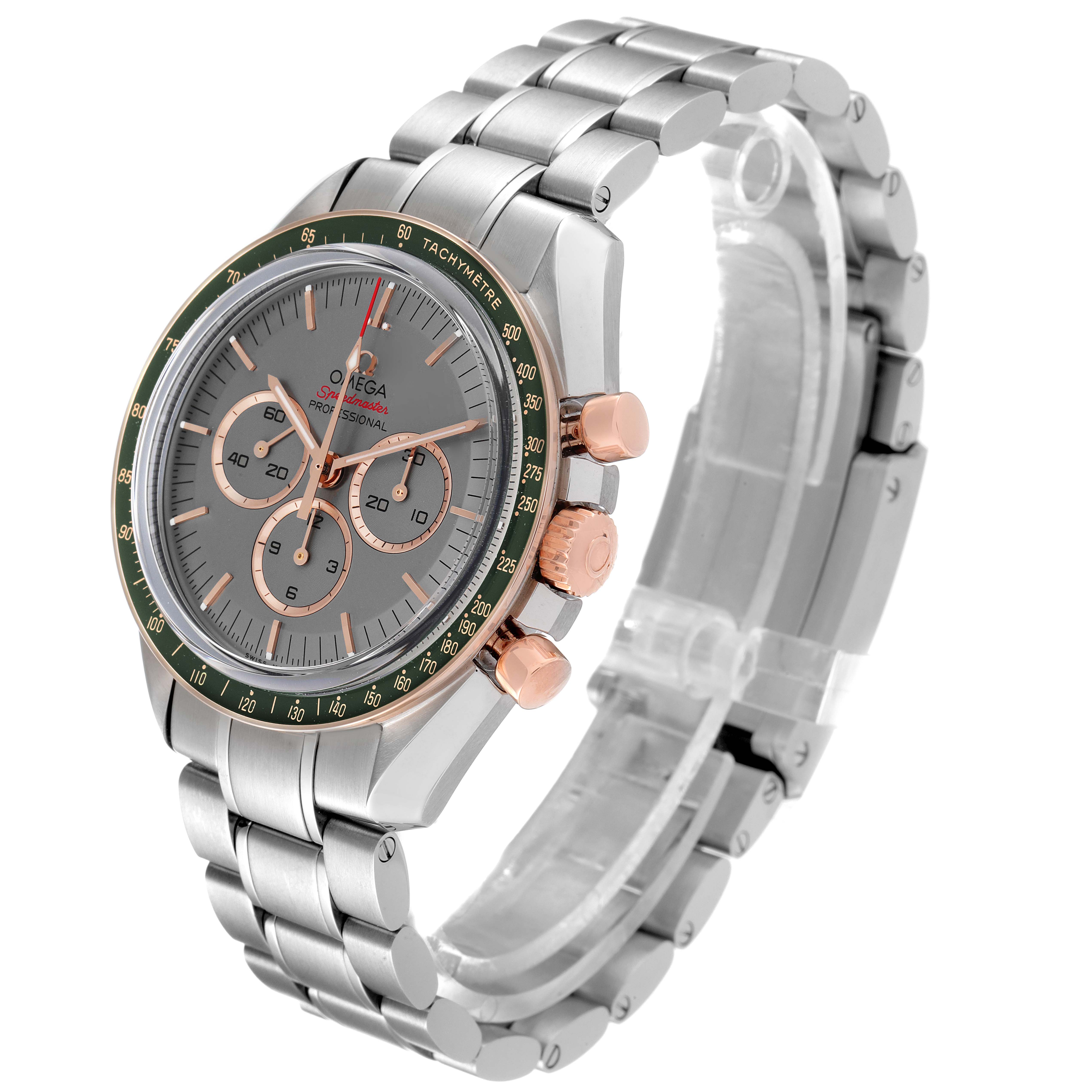 The image shows an Omega Speedmaster 522.20.42.30.06.001 Men's Stainless Steel Grey Dial 522.20.42.30.06.001 Men's Stainless Steel Grey Dial watch at a three-quarter angle, highlighting the dial, bezel, crown, pushers, and bracelet.