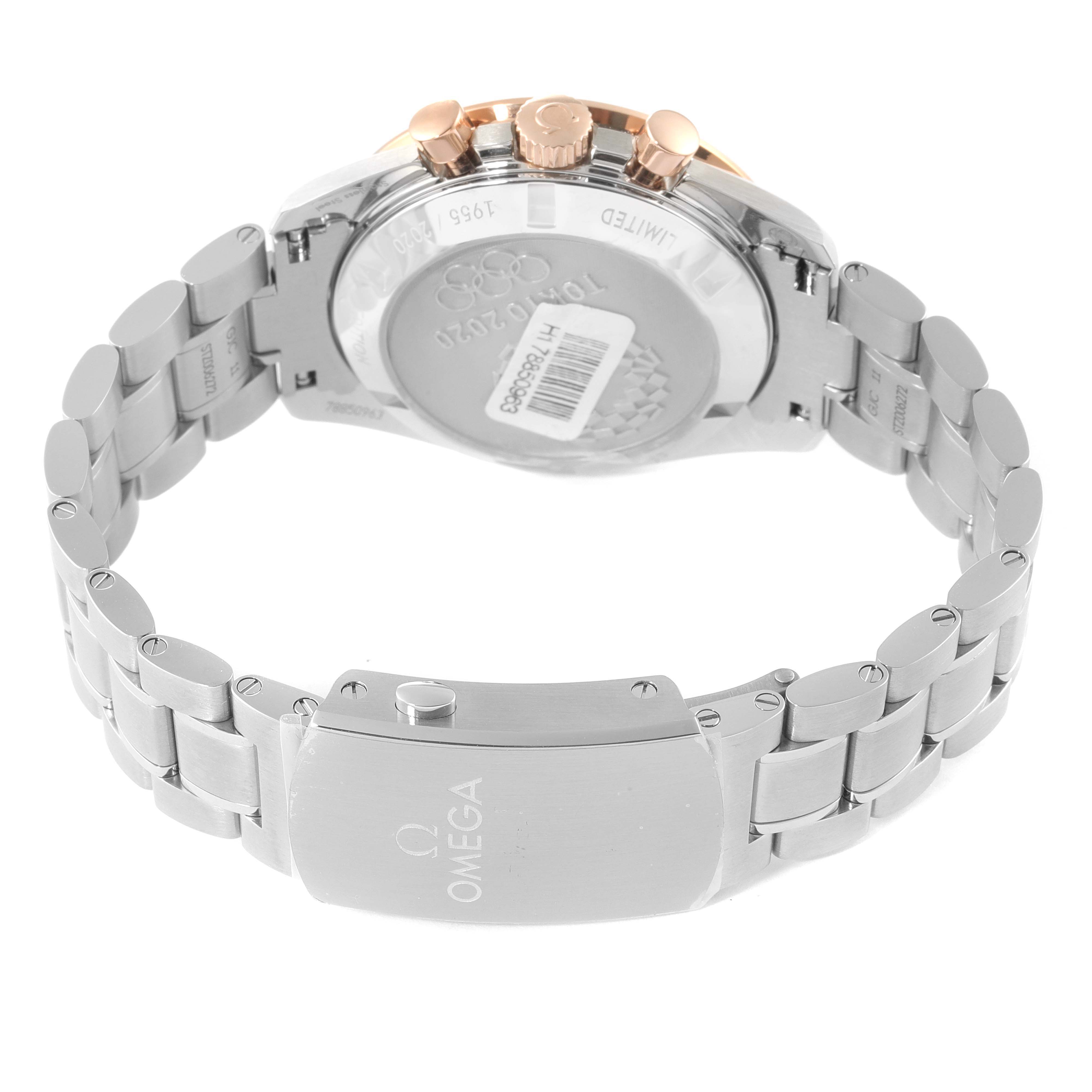 The image shows the Omega Speedmaster 522.20.42.30.06.001 Men's Stainless Steel Grey Dial 522.20.42.30.06.001 Men's Stainless Steel Grey Dial watch from the back, focusing on its clasp and case back.