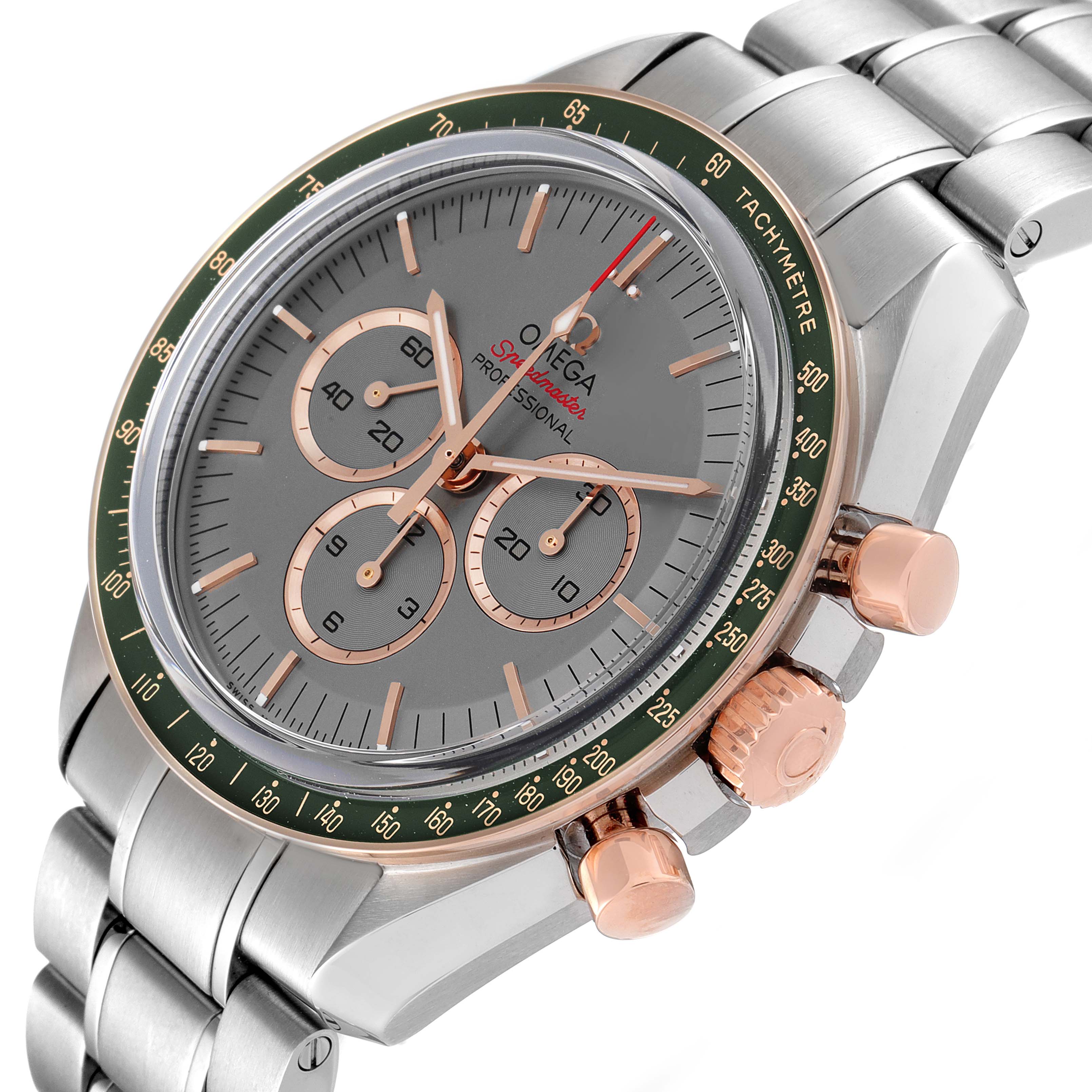 The image shows an angled view of the Omega Speedmaster 522.20.42.30.06.001 Men's Stainless Steel Grey Dial 522.20.42.30.06.001 Men's Stainless Steel Grey Dial's face, bezel, crown, chronograph buttons, and part of the bracelet.