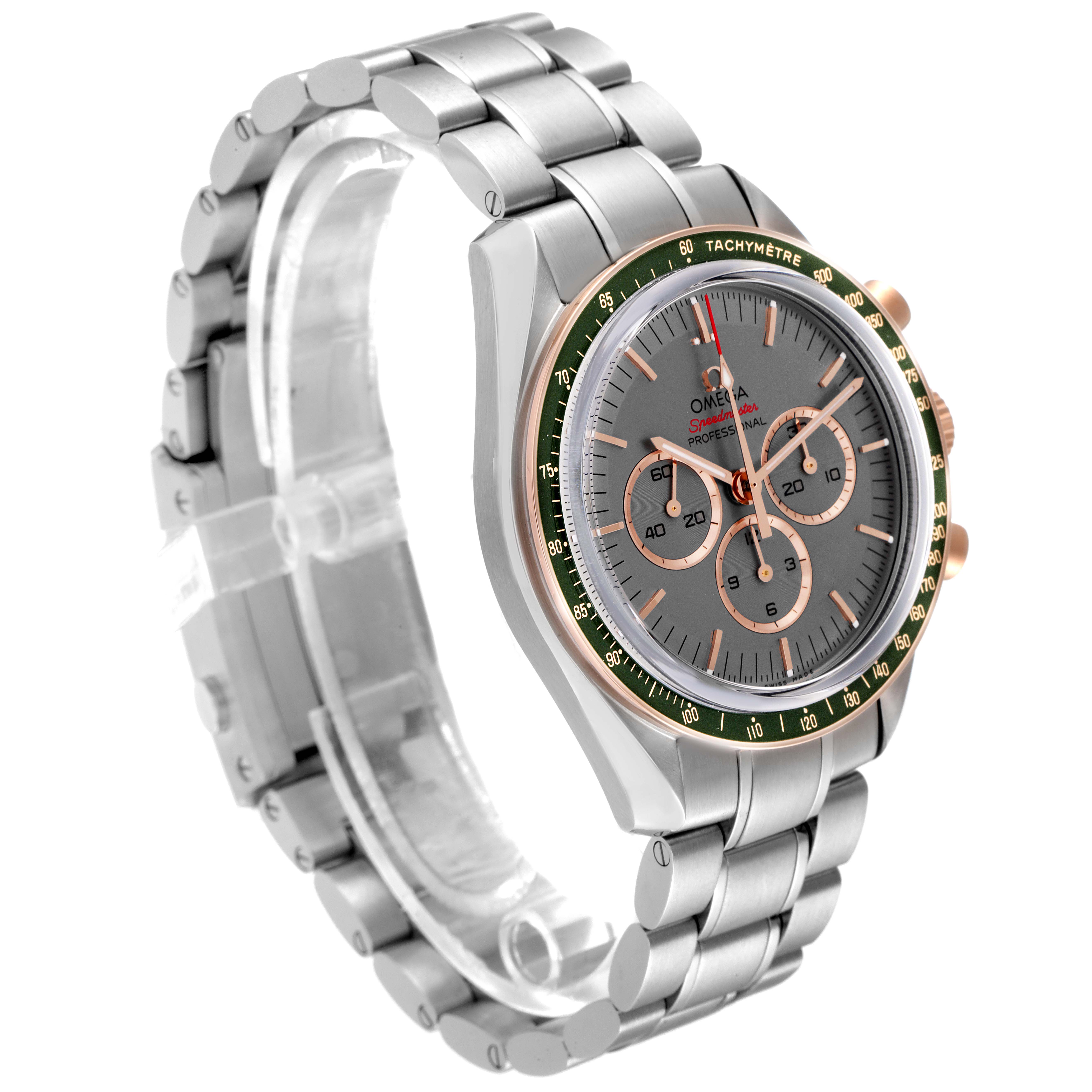 The image shows a side view of an Omega Speedmaster 522.20.42.30.06.001 Men's Stainless Steel Grey Dial 522.20.42.30.06.001 Men's Stainless Steel Grey Dial watch, highlighting the face, bezel, and metal band.