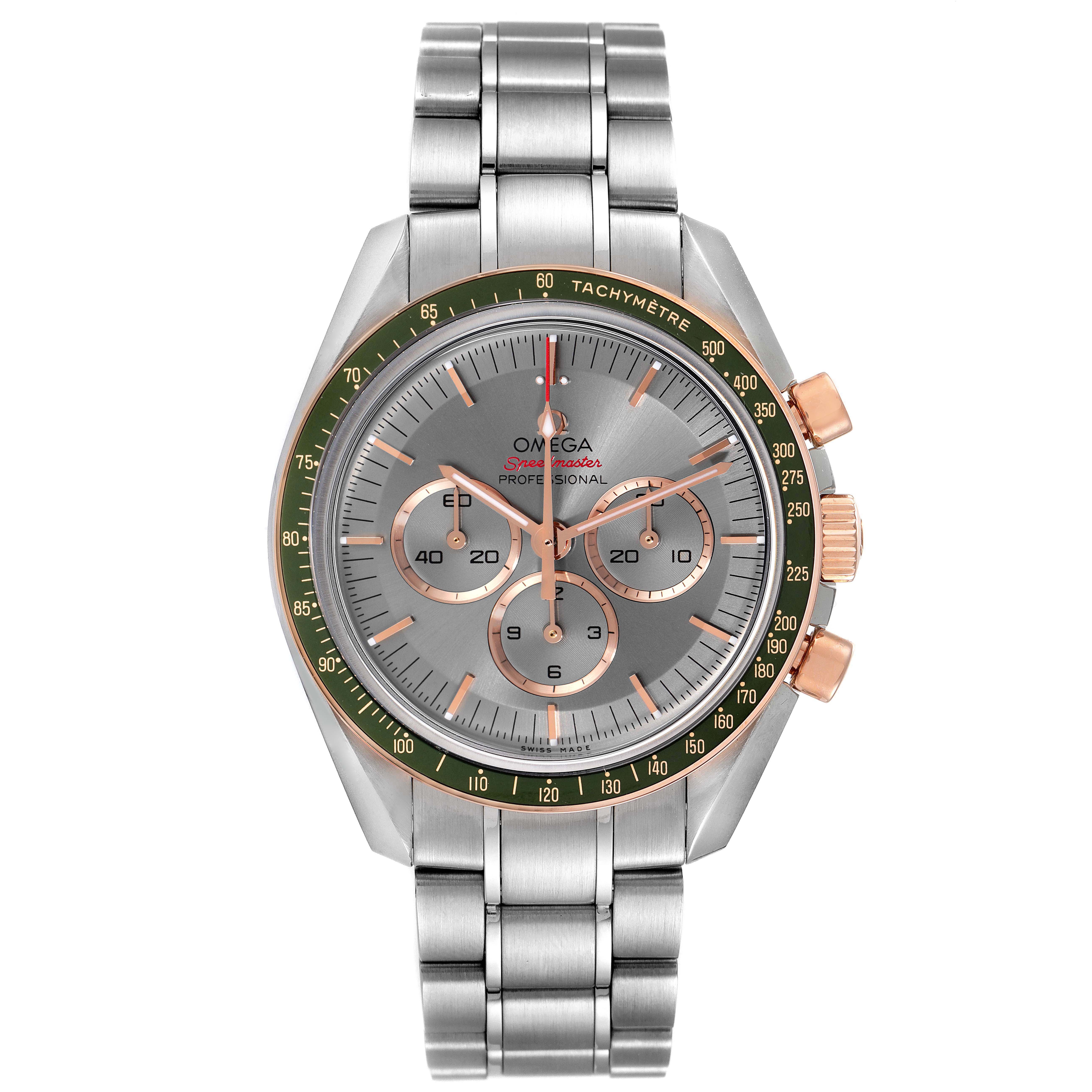 The image shows a frontal view of an Omega Speedmaster 522.20.42.30.06.001 Men's Stainless Steel Grey Dial 522.20.42.30.06.001 Men's Stainless Steel Grey Dial watch, including its bracelet, bezel, crown, and sub-dials.