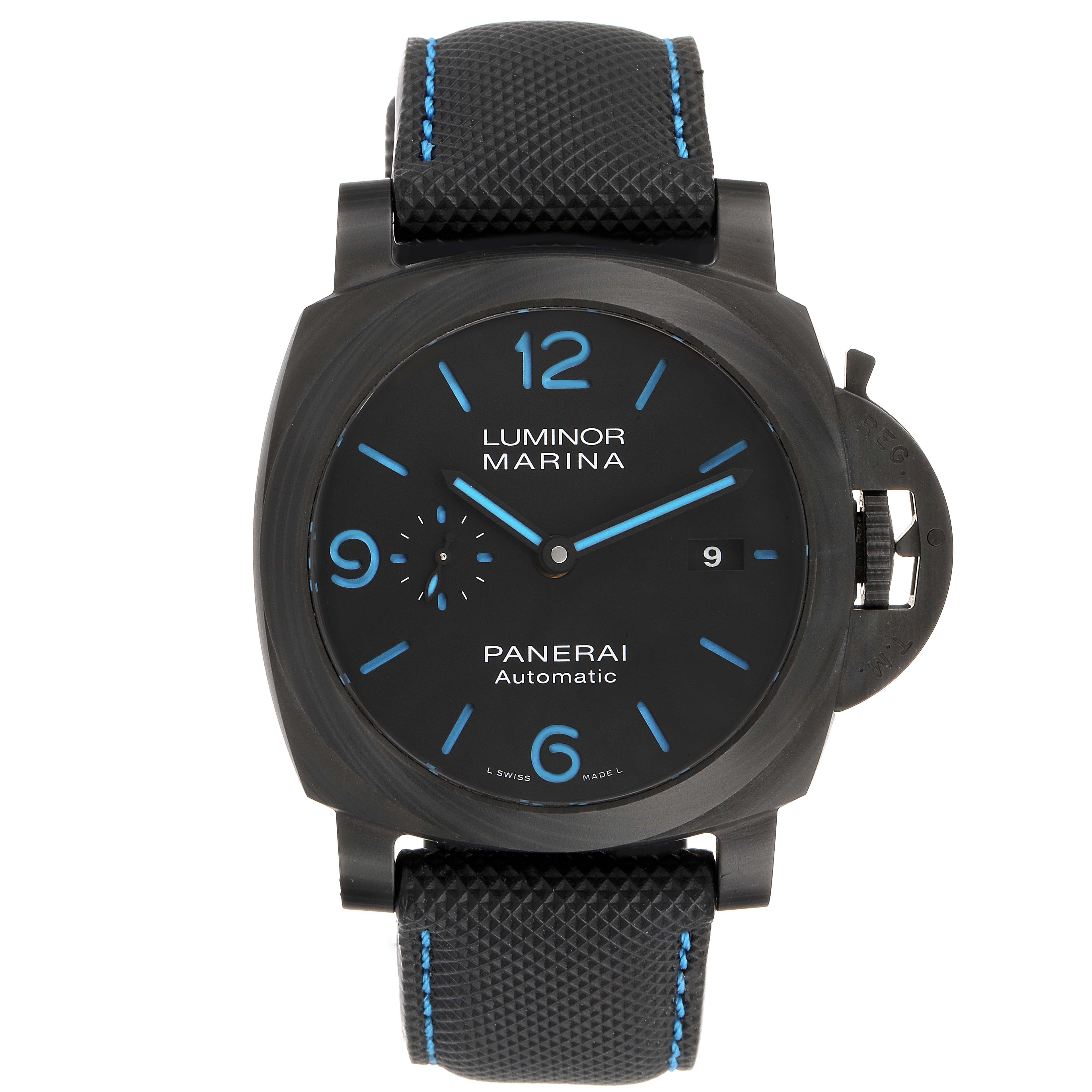 The image shows a front view of a Panerai Luminor PAM01661 Men's Titanium Black Dial PAM01661 Men's Titanium Black Dial Marina Automatic watch with a black dial and blue accents.