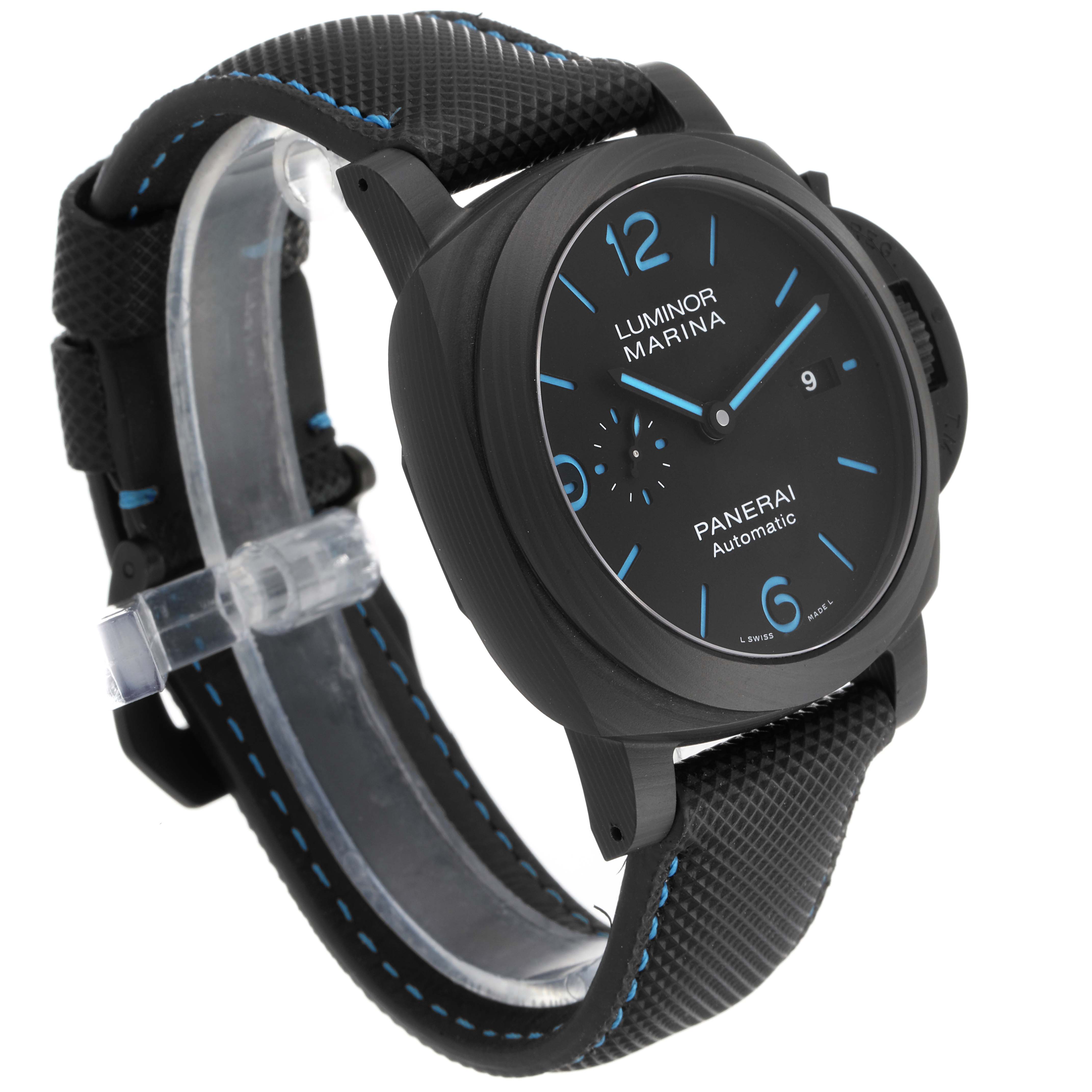 The image shows a side and angled view of a black Panerai Luminor PAM01661 Men's Titanium Black Dial PAM01661 Men's Titanium Black Dial watch with a textured strap and blue accented hands and markers.