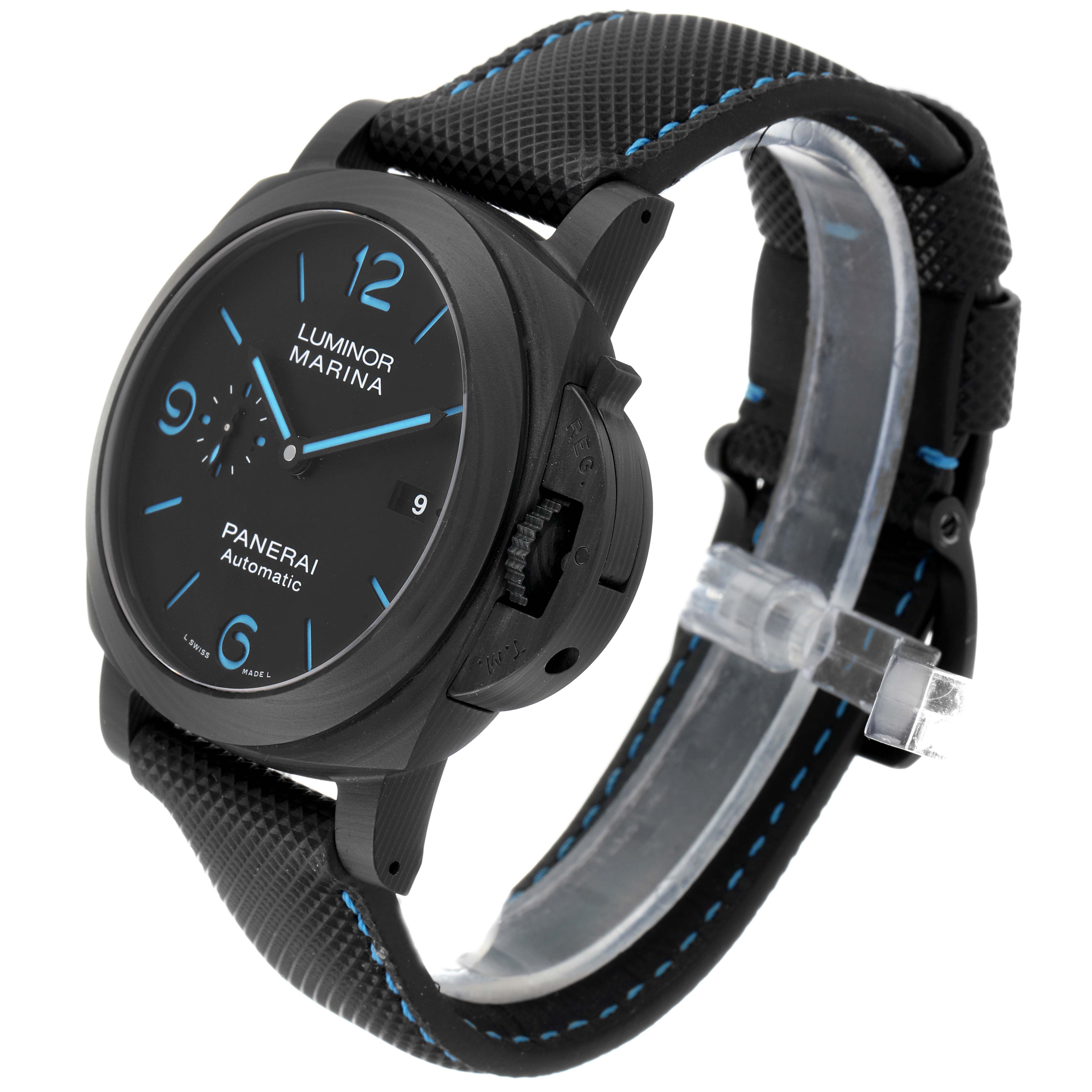 The image shows a Panerai Luminor PAM01661 Men's Titanium Black Dial PAM01661 Men's Titanium Black Dial watch angled from the front-left, highlighting the face, crown guard, and strap.