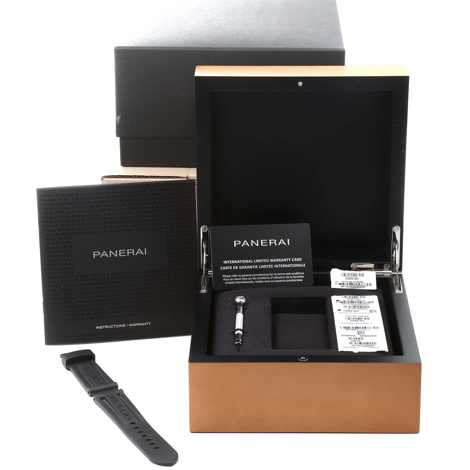 The image shows the packaging, warranty card, an additional strap, and a tool for the Panerai Luminor PAM01661 Men's Titanium Black Dial PAM01661 Men's Titanium Black Dial watch set.