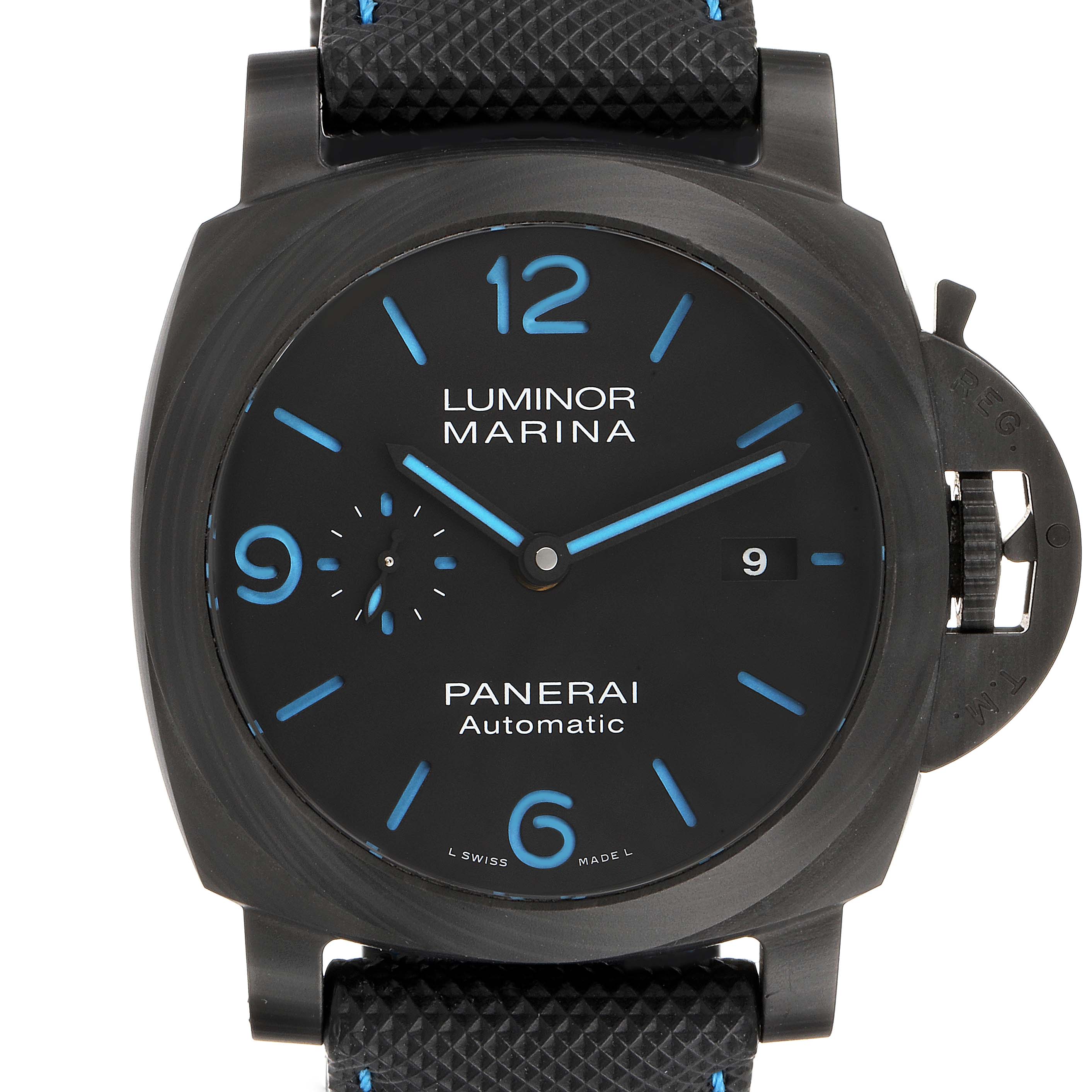 The image shows a front view of a Panerai Luminor PAM01661 Men's Titanium Black Dial PAM01661 Men's Titanium Black Dial Marina watch, highlighting its dial, case, and strap.