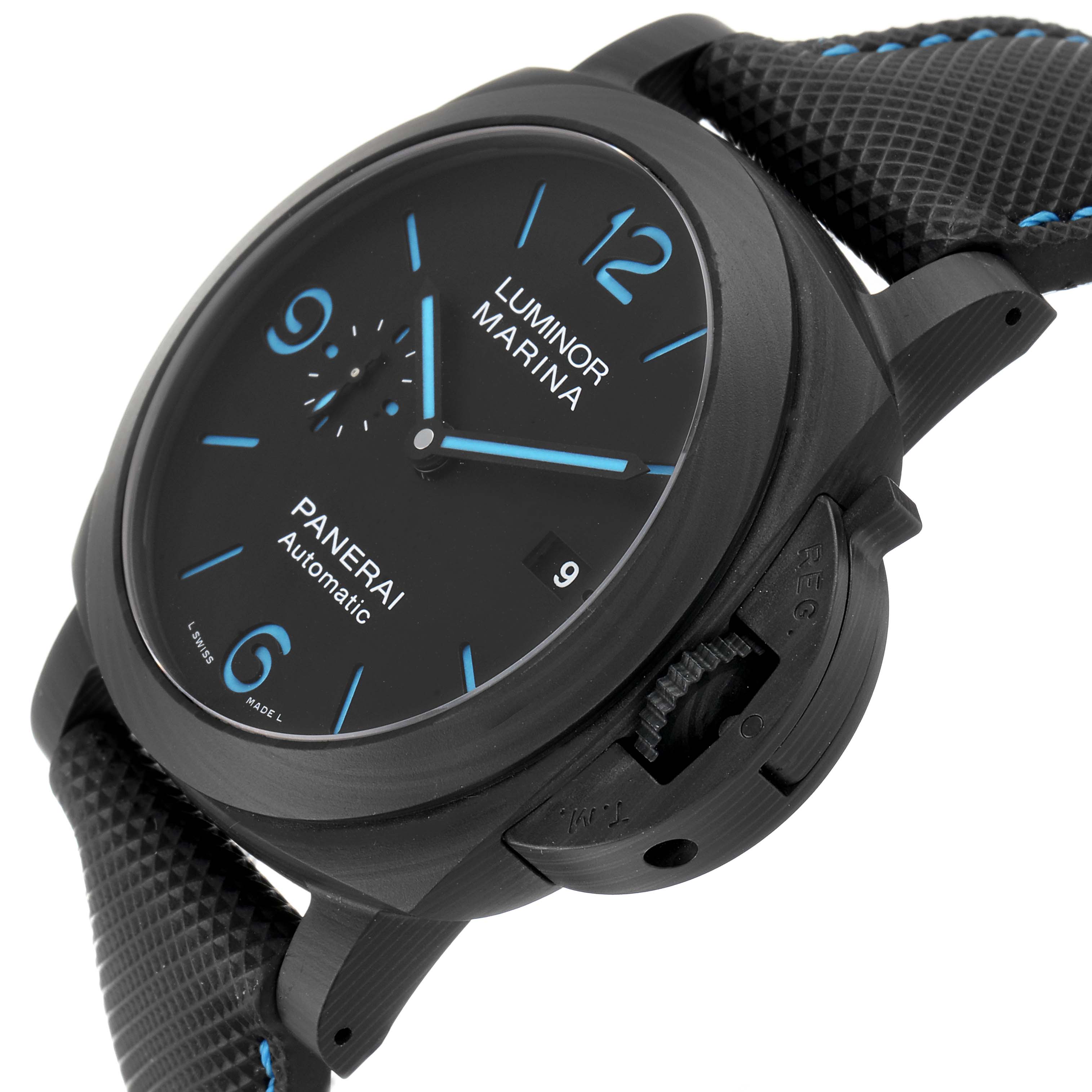 The image shows the Panerai Luminor PAM01661 Men's Titanium Black Dial PAM01661 Men's Titanium Black Dial Marina watch from an angled side view, highlighting the dial, crown guard, and textured strap.