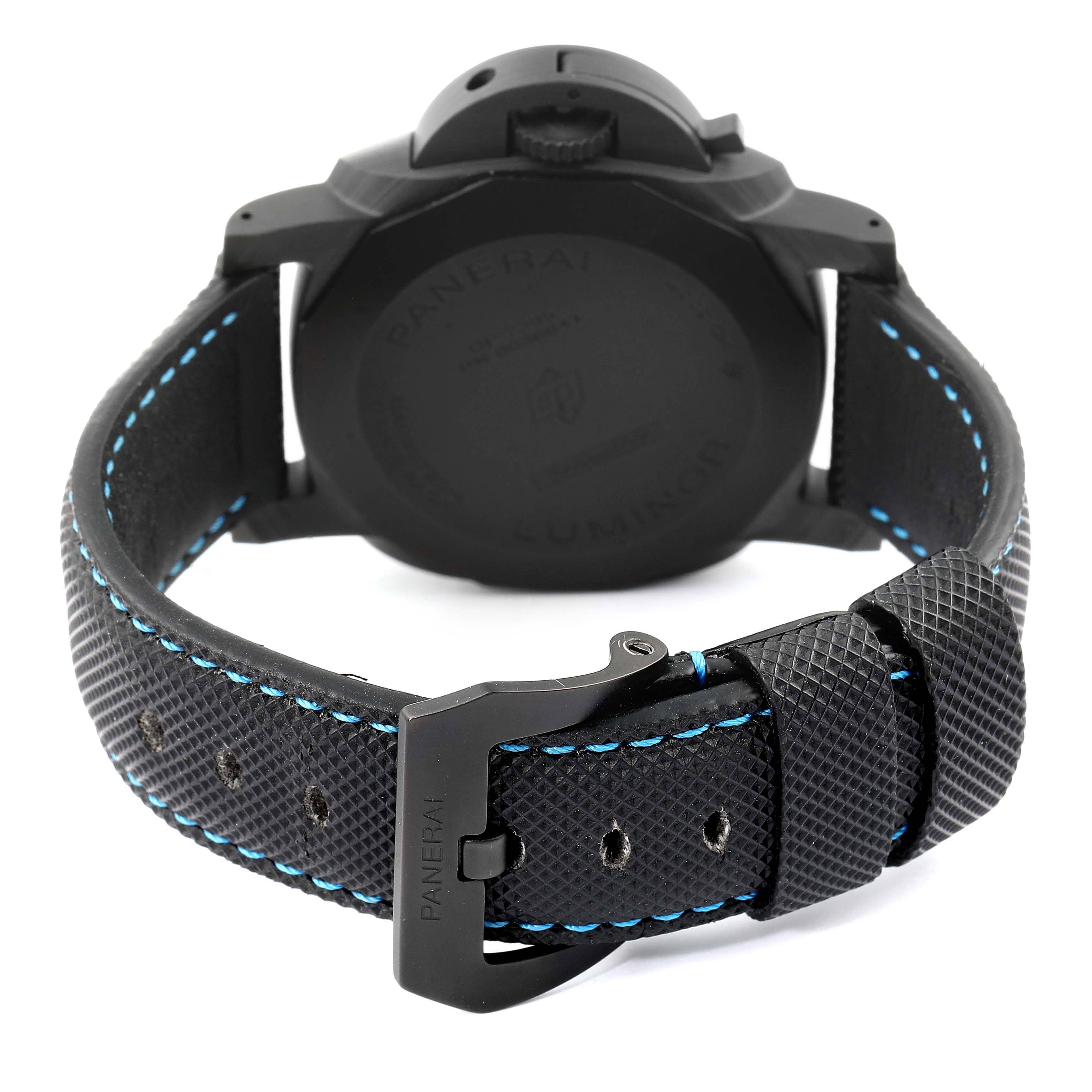 The image shows the back casing and strap of a Panerai Luminor PAM01661 Men's Titanium Black Dial PAM01661 Men's Titanium Black Dial watch, showcasing the buckle and stitching details.