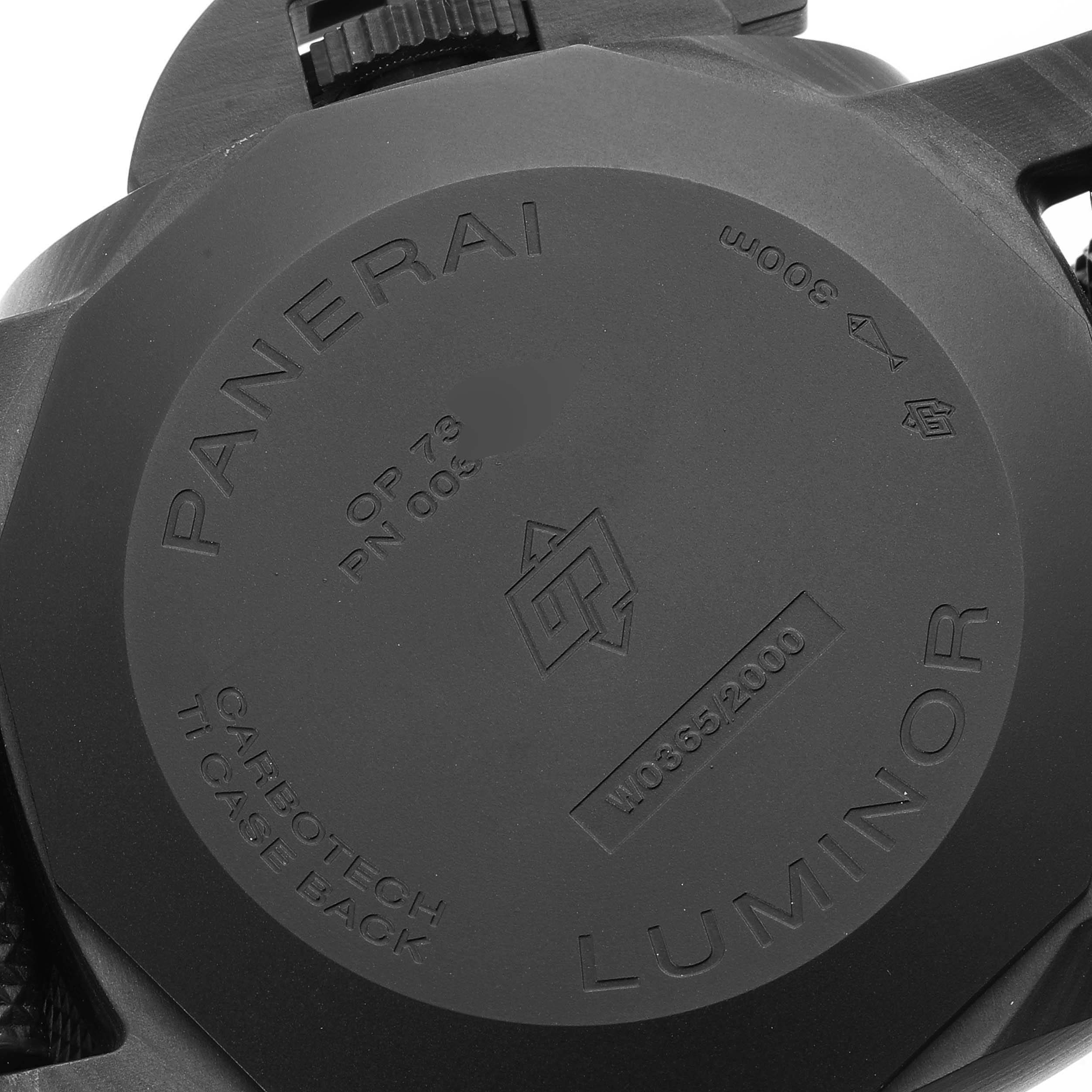 The image shows the back case of the Panerai Luminor PAM01661 Men's Titanium Black Dial PAM01661 Men's Titanium Black Dial watch, highlighting details like "CARBOTECH" and "TI CASE BACK."