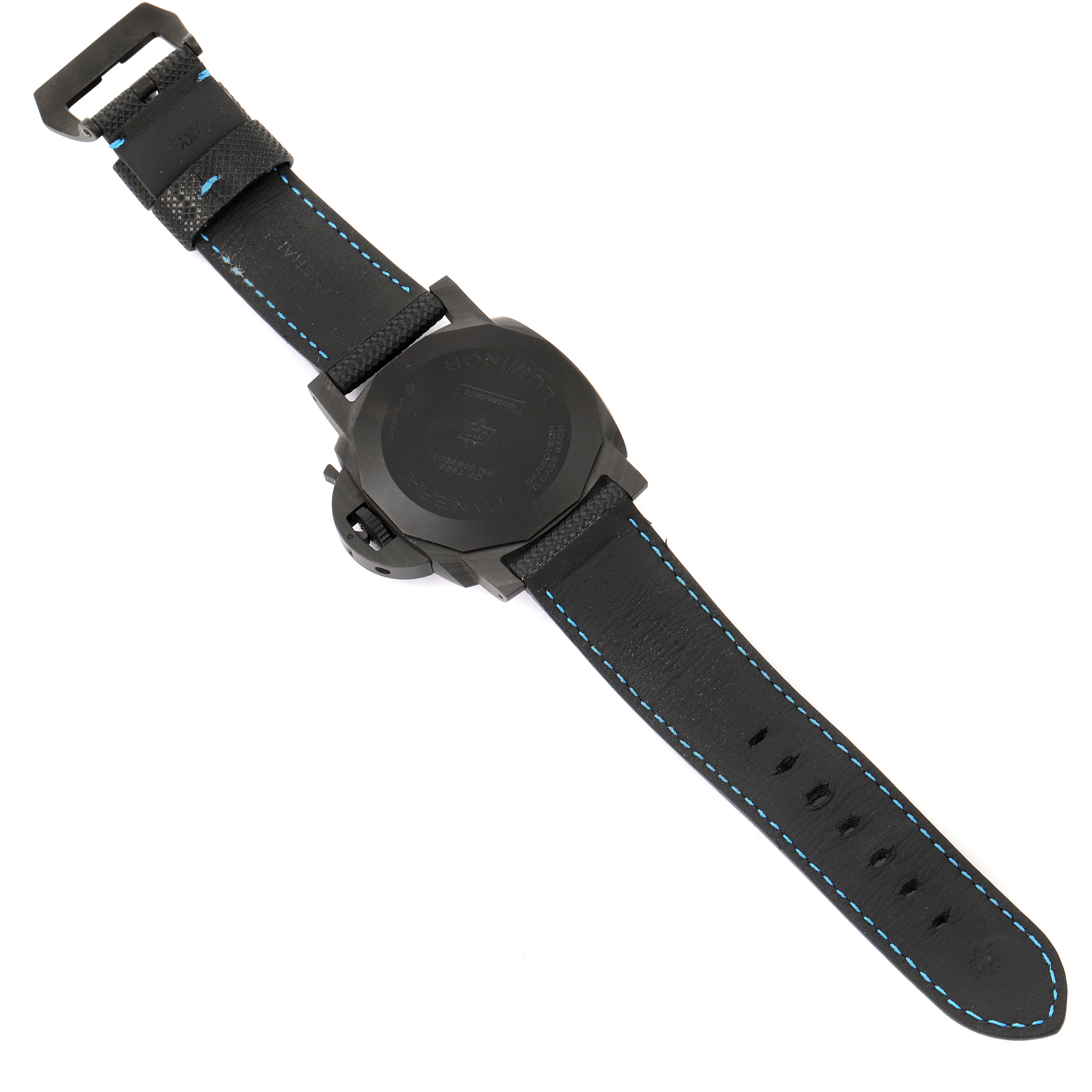 The Panerai Luminor PAM01661 Men's Titanium Black Dial PAM01661 Men's Titanium Black Dial watch is shown from the back, highlighting the case back, straps, and buckle.