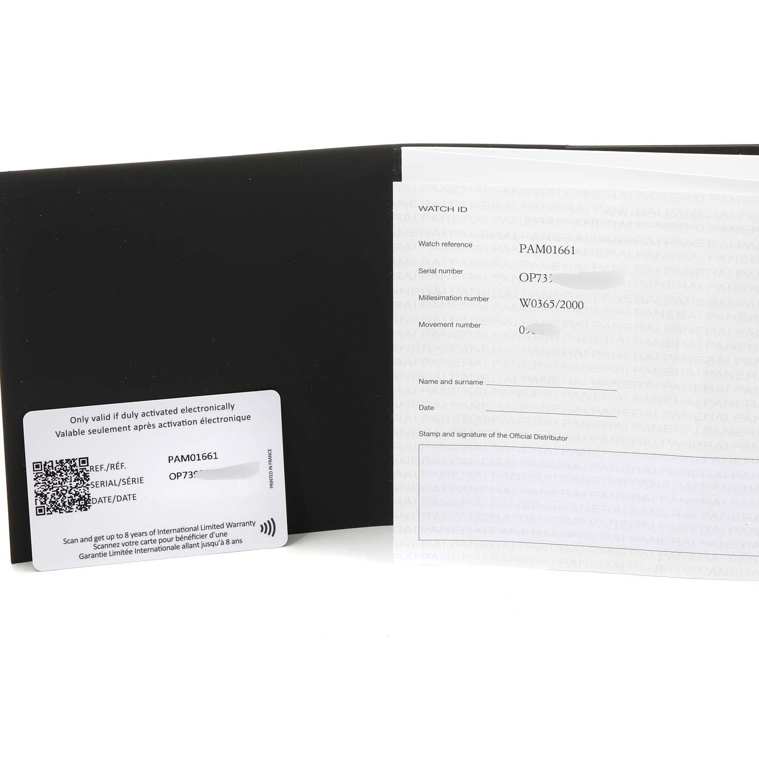 The image shows the certification documents and warranty card for the Panerai Luminor PAM01661 Men's Titanium Black Dial PAM01661 Men's Titanium Black Dial model PAM01661 watch.