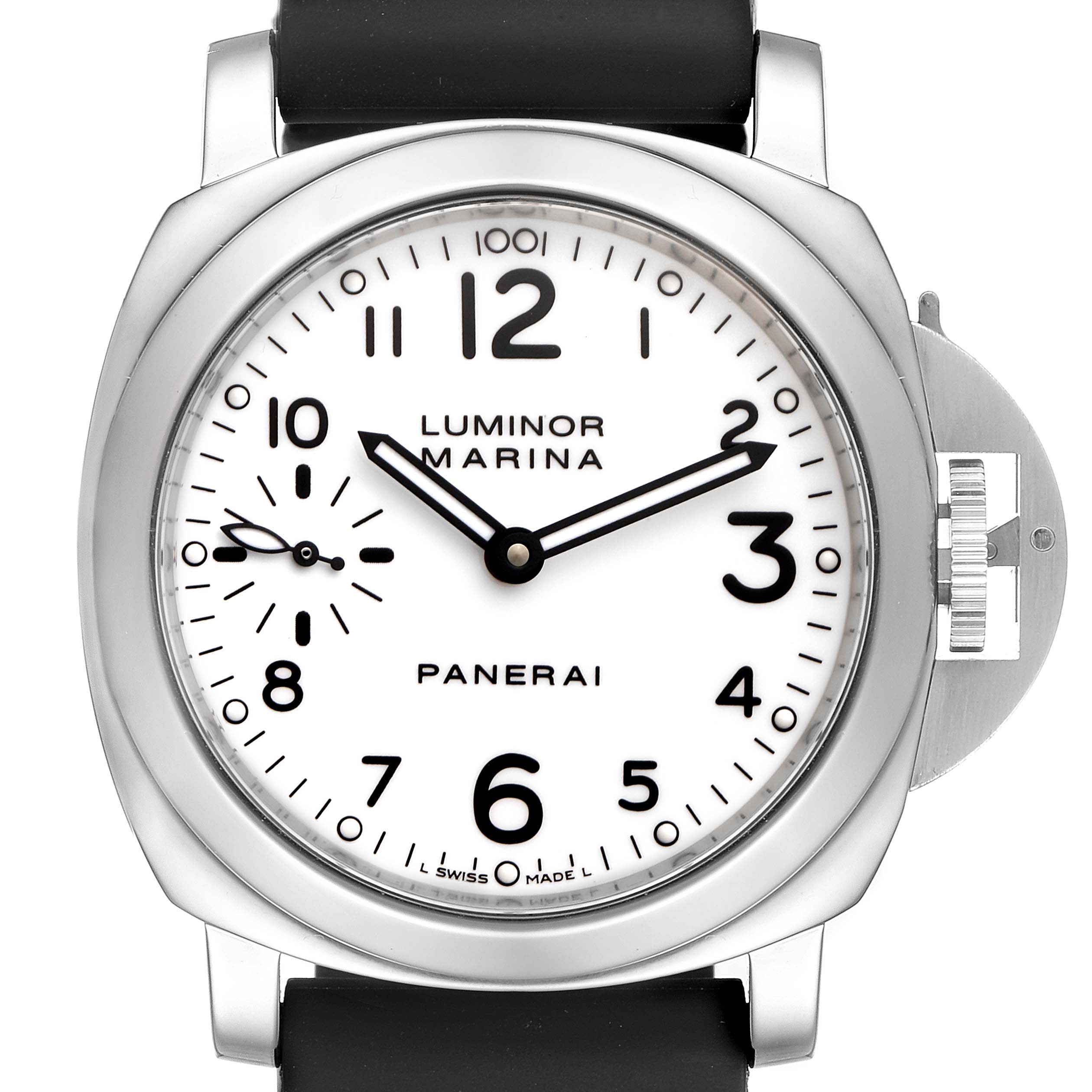 The image shows a front view of a Panerai Luminor PAM00113 Men's Stainless Steel White Dial PAM00113 Men's Stainless Steel White Dial Marina watch, highlighting its dial, bezel, crown guard, and strap attachment.